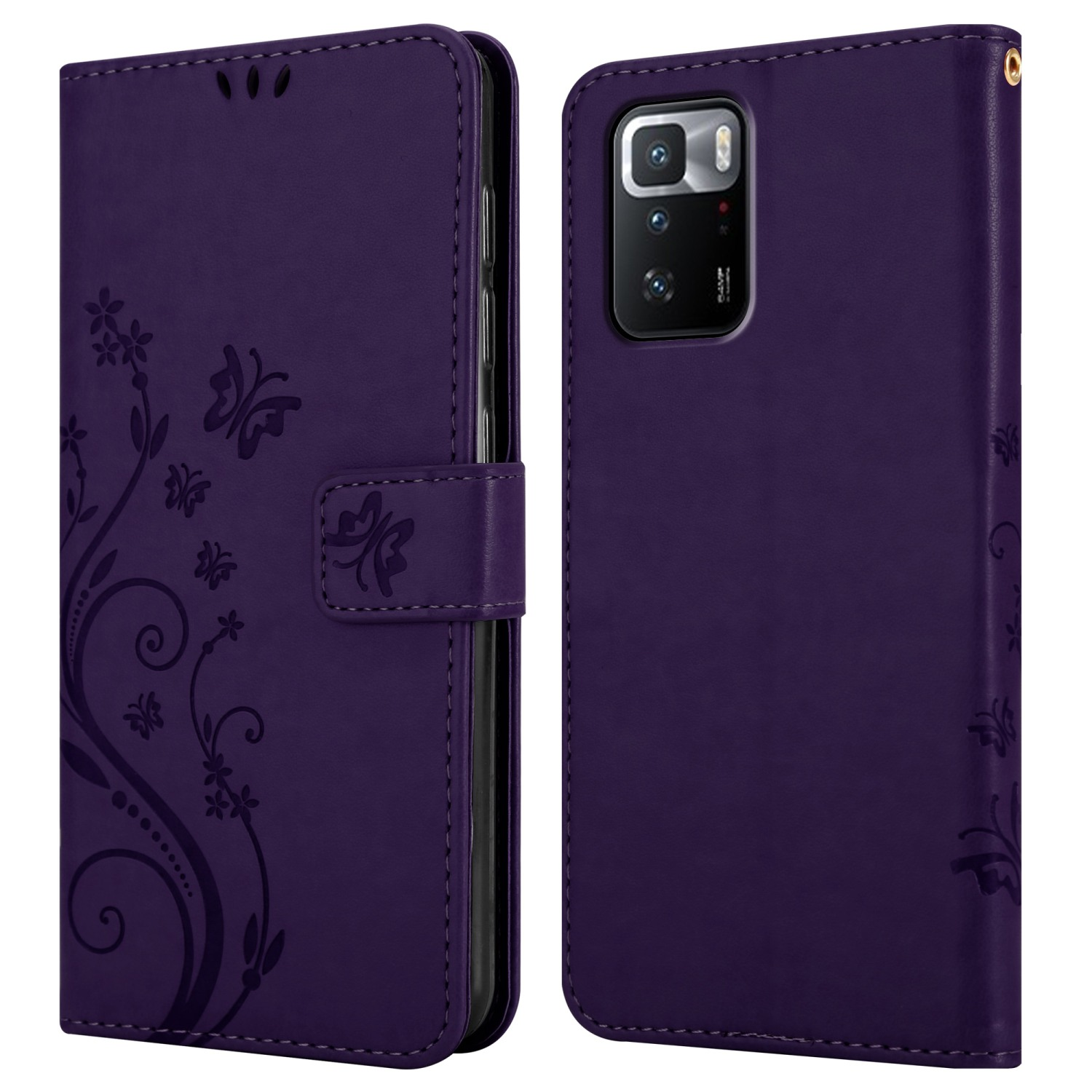Una custodia per telefono viola con un design floreale e un telefono all'interno. Il retro e il fronte sono visibili.