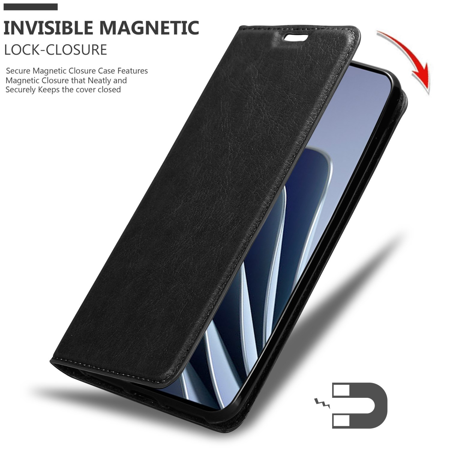 Custodia per telefono nera aperta. Telefono visibile. Chiusura magnetica.