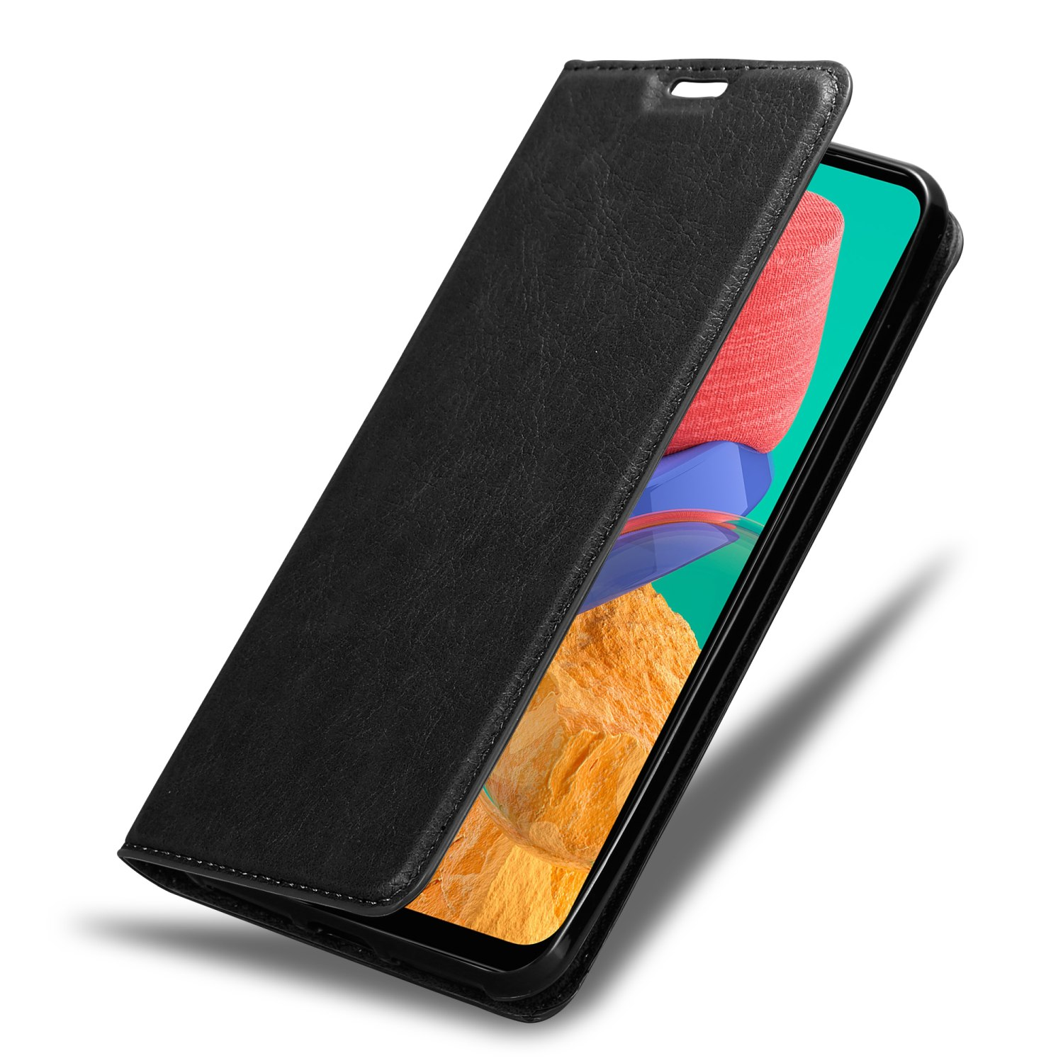 Una custodia per telefono in pelle nera con la cover aperta, che rivela uno schermo del telefono colorato.