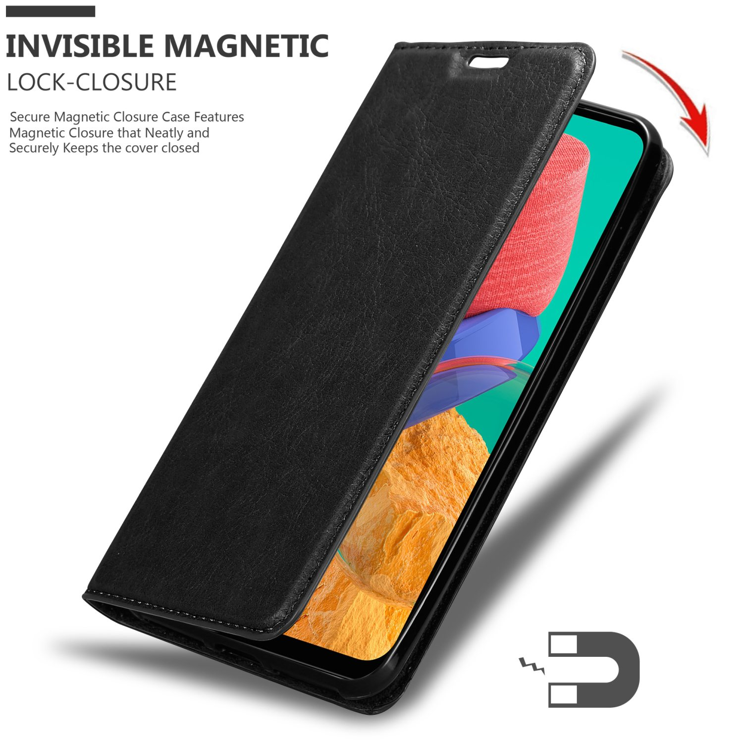 Custodia nera aperta, che rivela il telefono. Mostra una chiusura magnetica, freccia indica aperto.