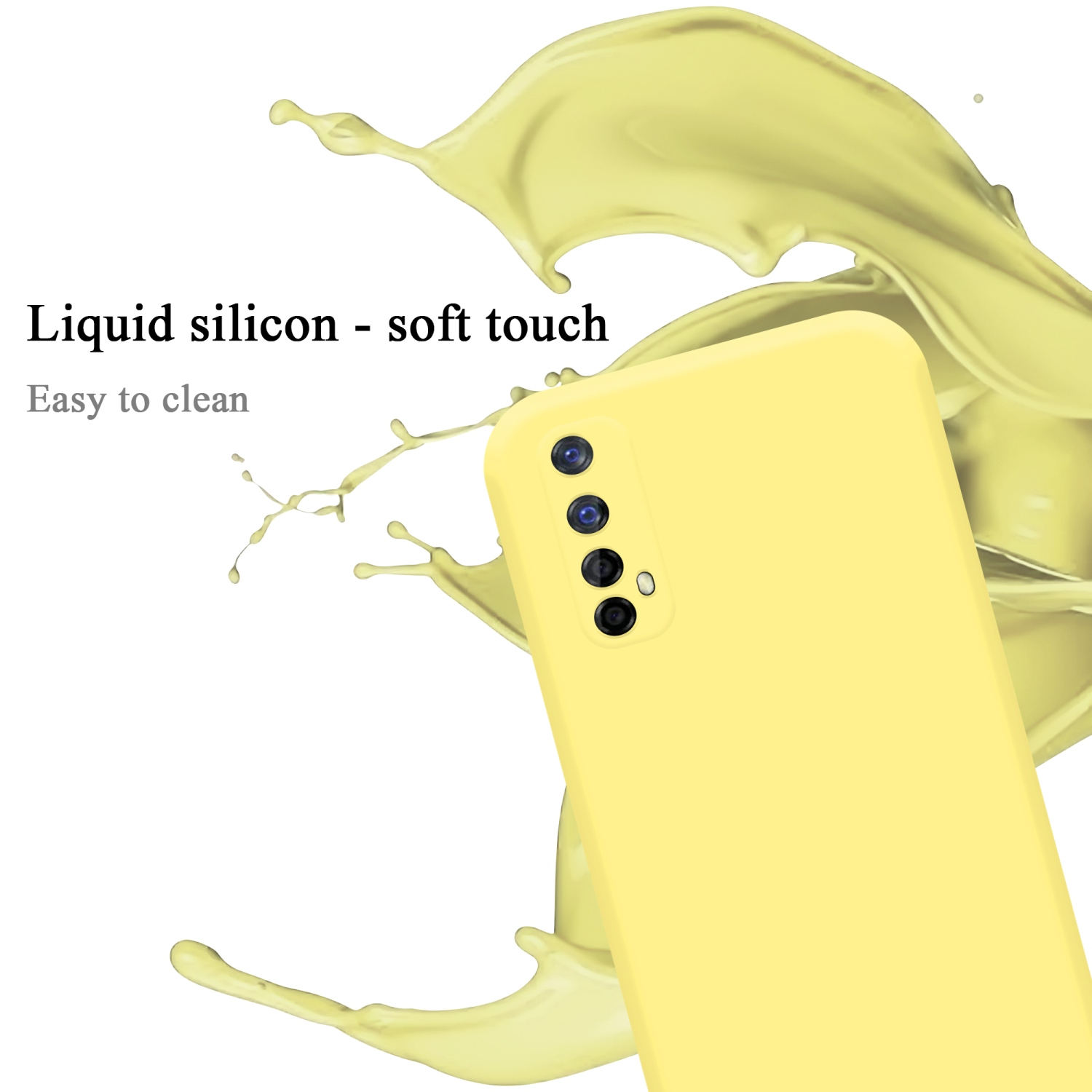 Gelbe Handyhülle mit einem Telefon darin. Text Flüssigsilikon ist oben. Gelber Spritzer.