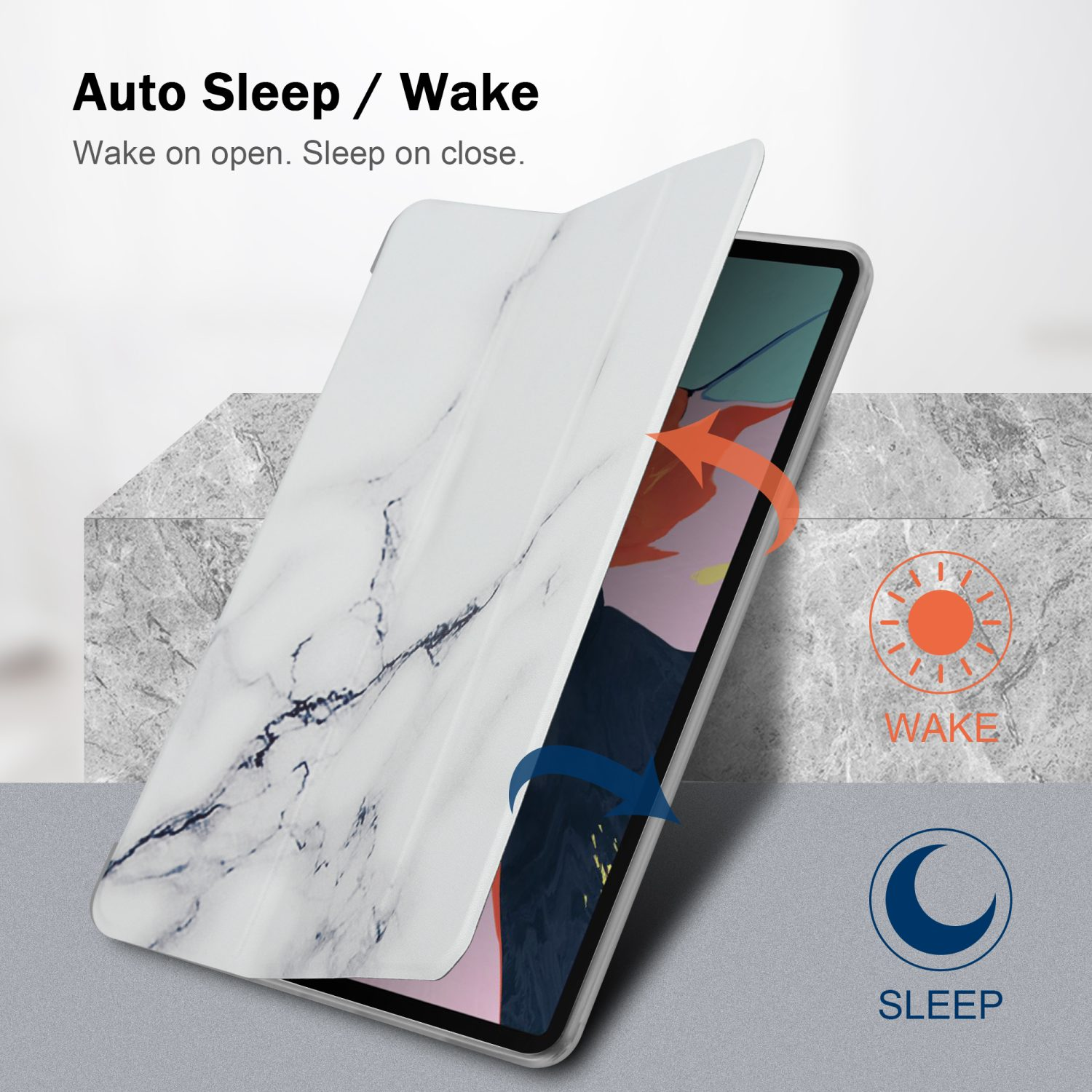Custodia per telefono bianca con motivo marmoreo, che si apre per rivelare il telefono, con icone di sveglia/sonno.