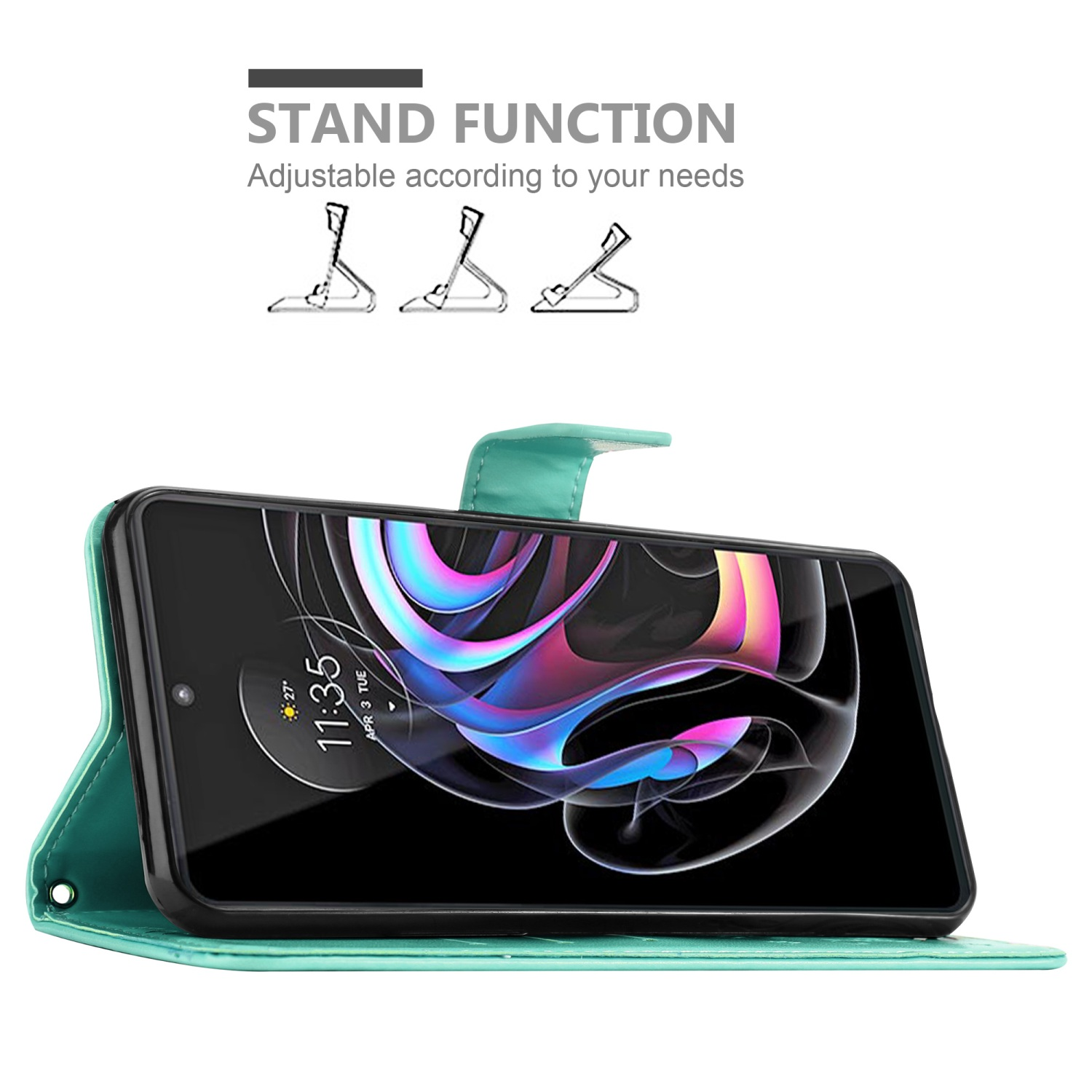 Custodia verde con telefono all'interno. Funzione stand con posizioni regolabili. Testo: Funzione stand, regolabile.