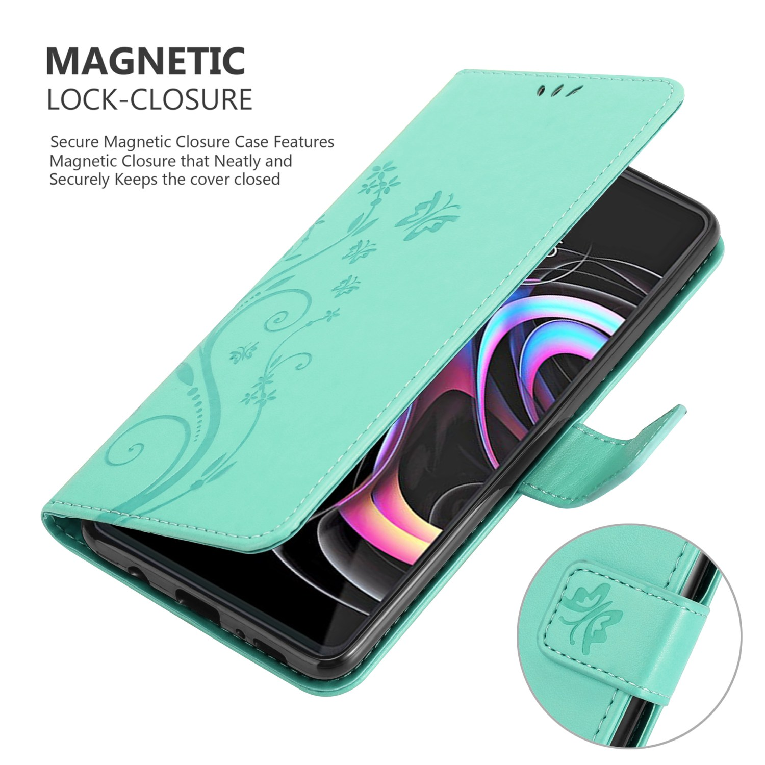 Custodia per telefono verde menta con design floreale. Aperta che mostra il telefono. Chiusura magnetica.