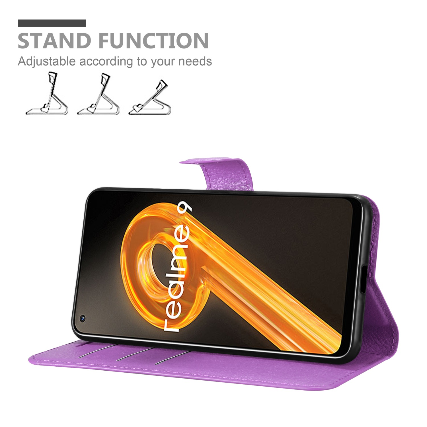Custodia viola con telefono all'interno, in posizione stand. Testo: Funzione supporto, Realme 9.