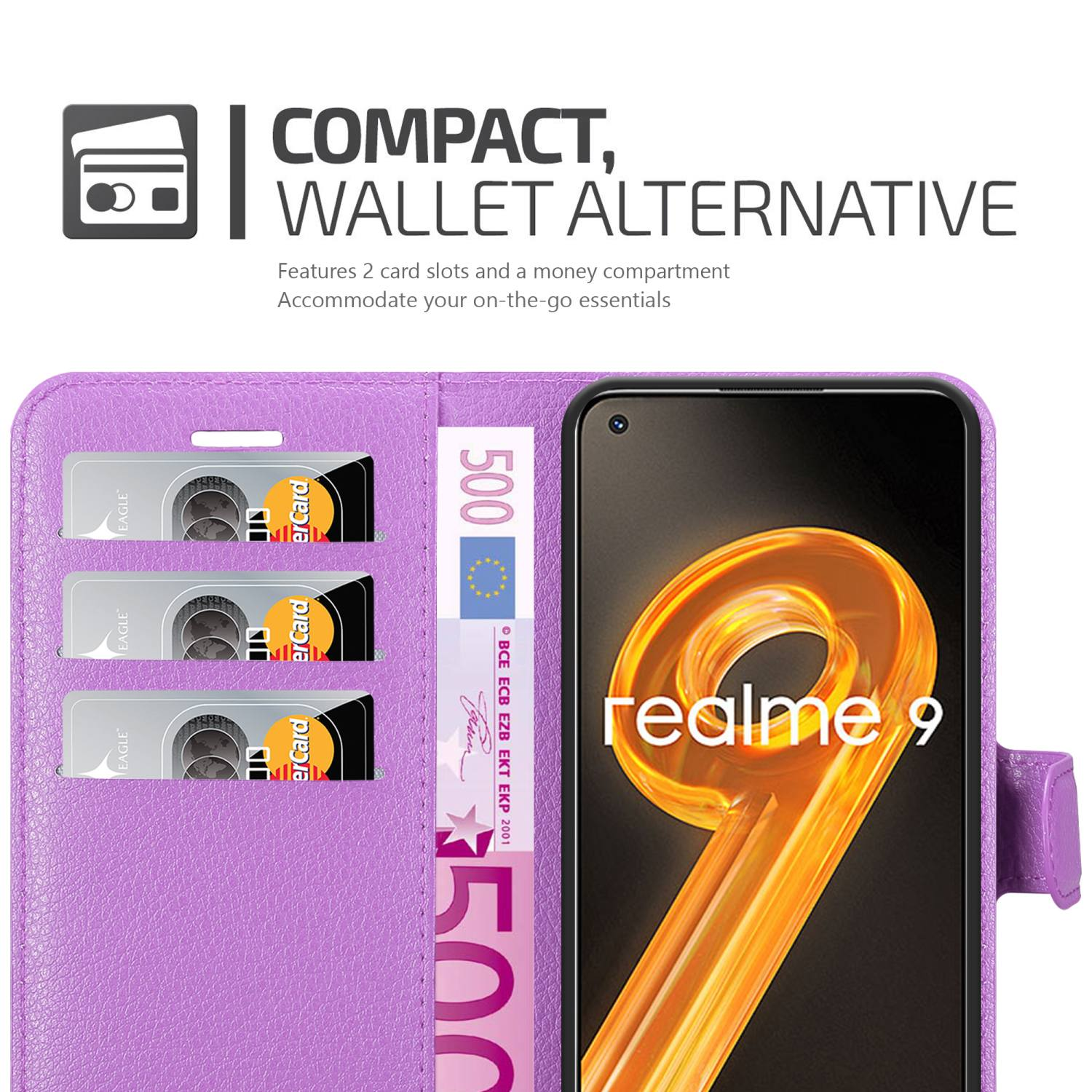 Custodia a portafoglio per telefono viola con fessure per carte e contanti. Un telefono con un motivo dorato è nella custodia.