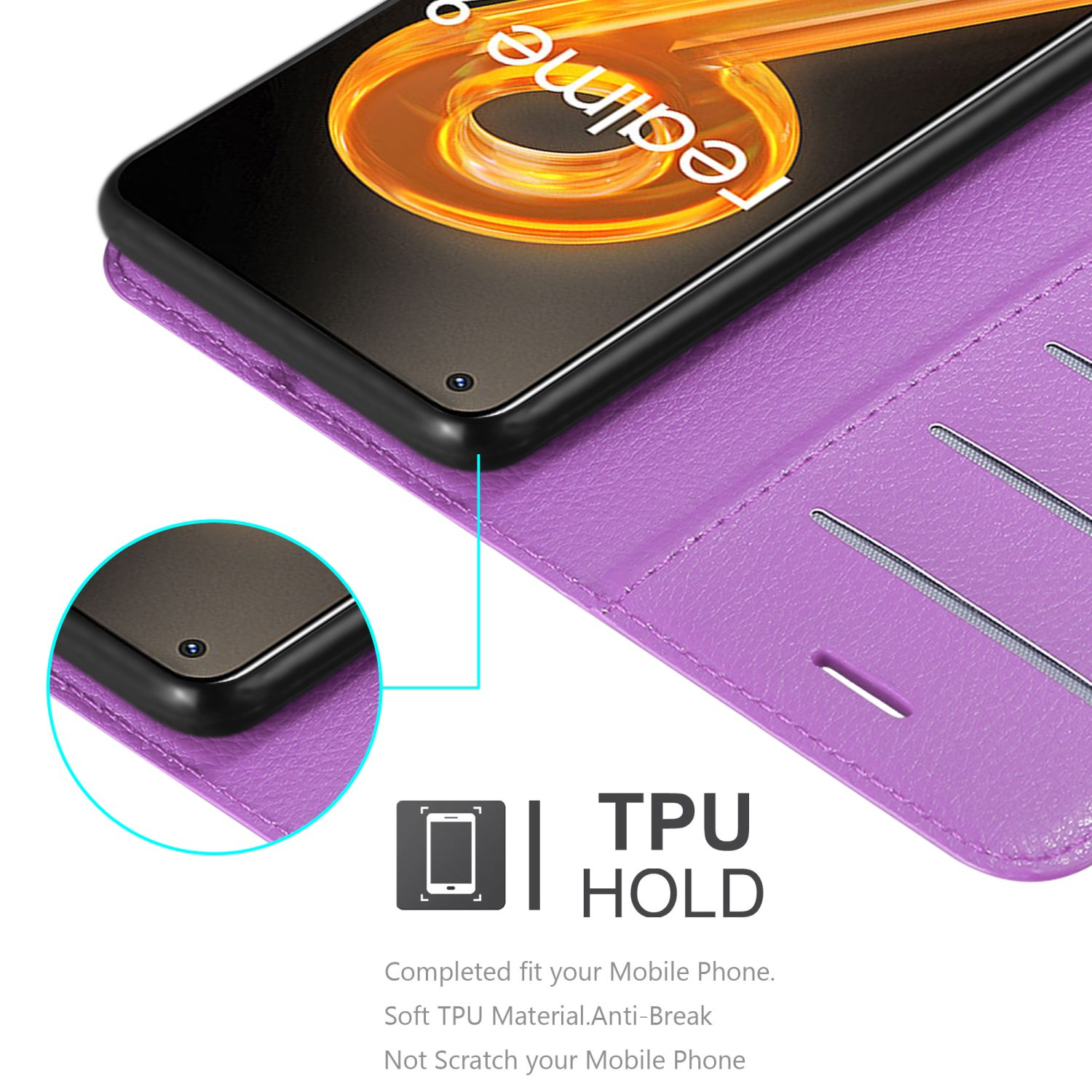 Custodia per telefono viola con un TPU HOLD, testo anti-rottura e antigraffio, con un telefono parzialmente nella custodia.