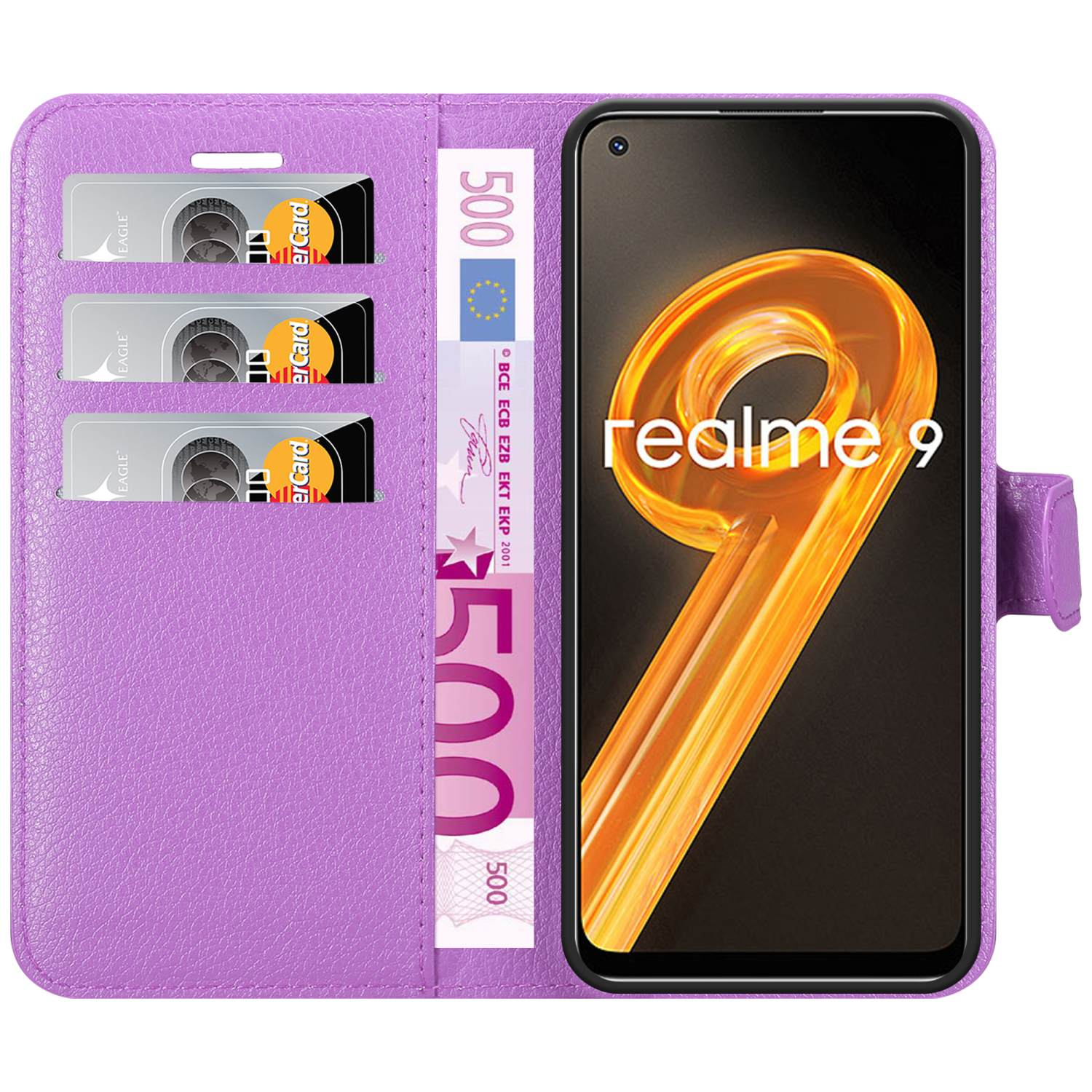 Custodia per telefono viola con scomparti per carte e denaro. Il telefono mostra il logo 'realme 9' su sfondo giallo.