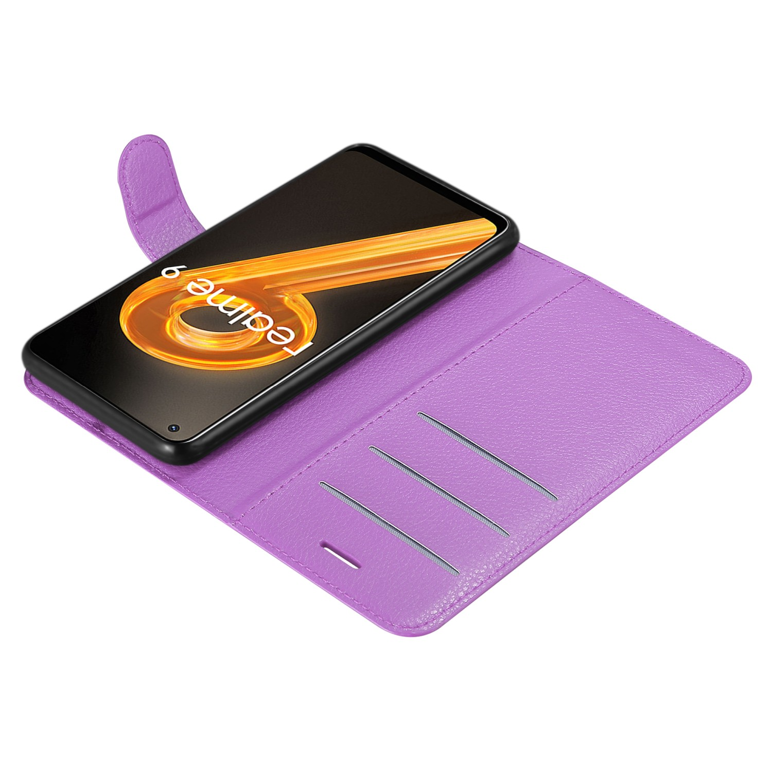 Una custodia per telefono viola con un telefono all'interno. Lo schermo mostra un vortice dorato e il testo Realme 9.