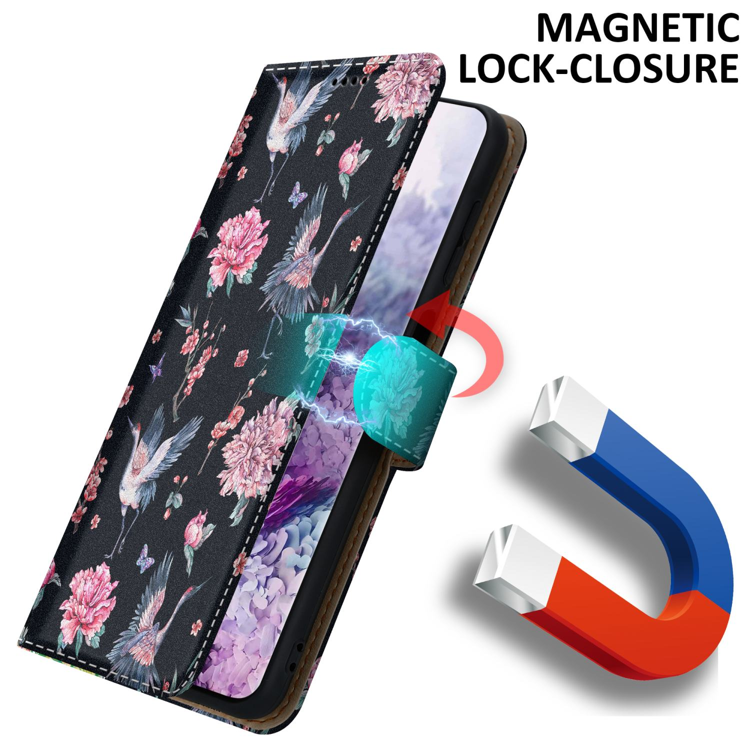 Una custodia per telefono con un design floreale e chiusura magnetica. Lo sfondo è bianco.