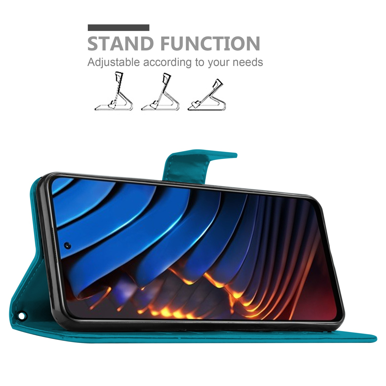 Custodia per telefono verde acqua, con telefono inserito e funzione stand con diagrammi.