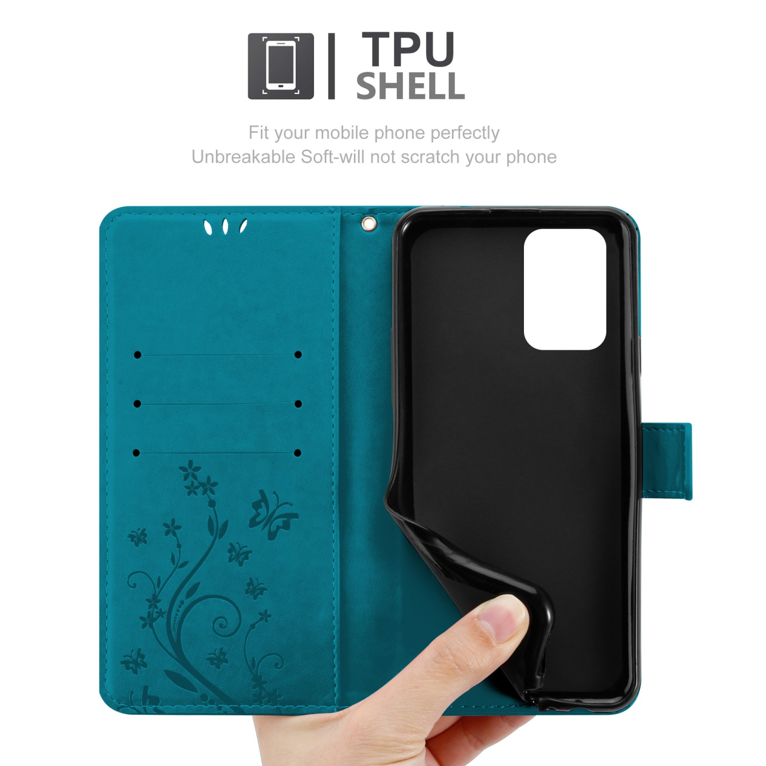 Custodia per telefono verde acqua con telefono all'interno. Testo: Guscio in TPU.
