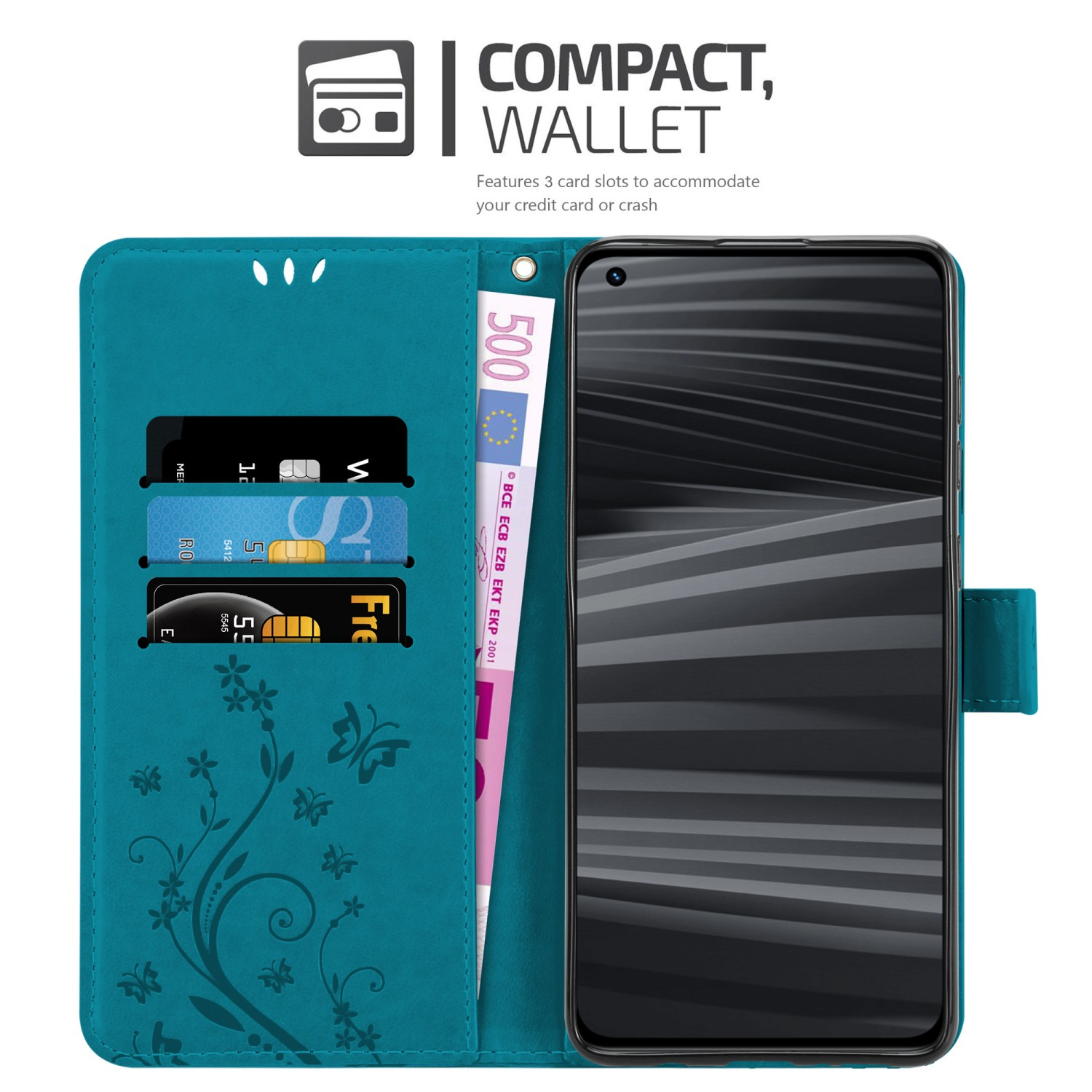 Custodia telefono verde acqua con carte, contanti e telefono. Testo COMPACT, WALLET e design floreale.