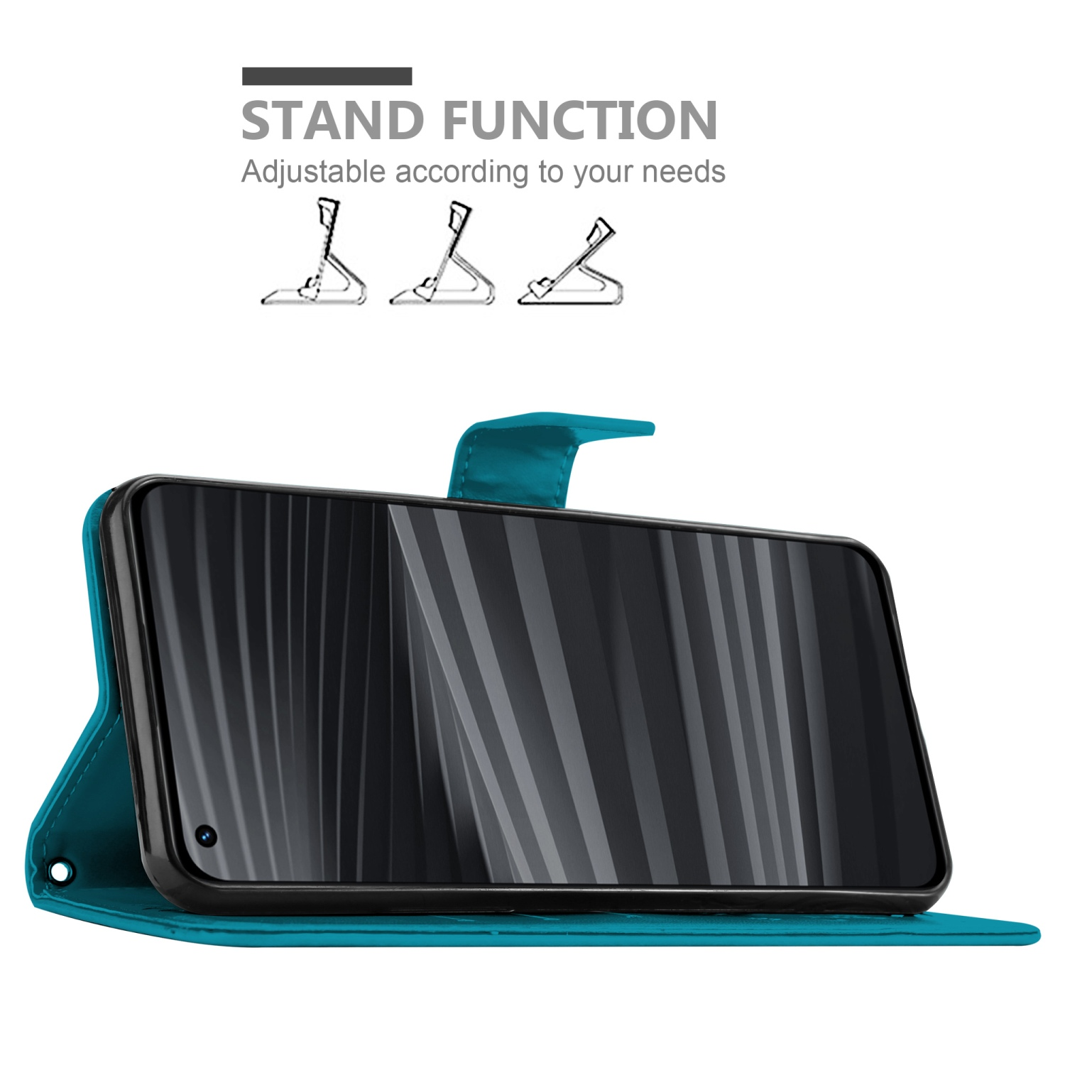 Custodia teal con telefono all'interno, mostra una funzione di supporto. Schermo visibile. Sfondo bianco.