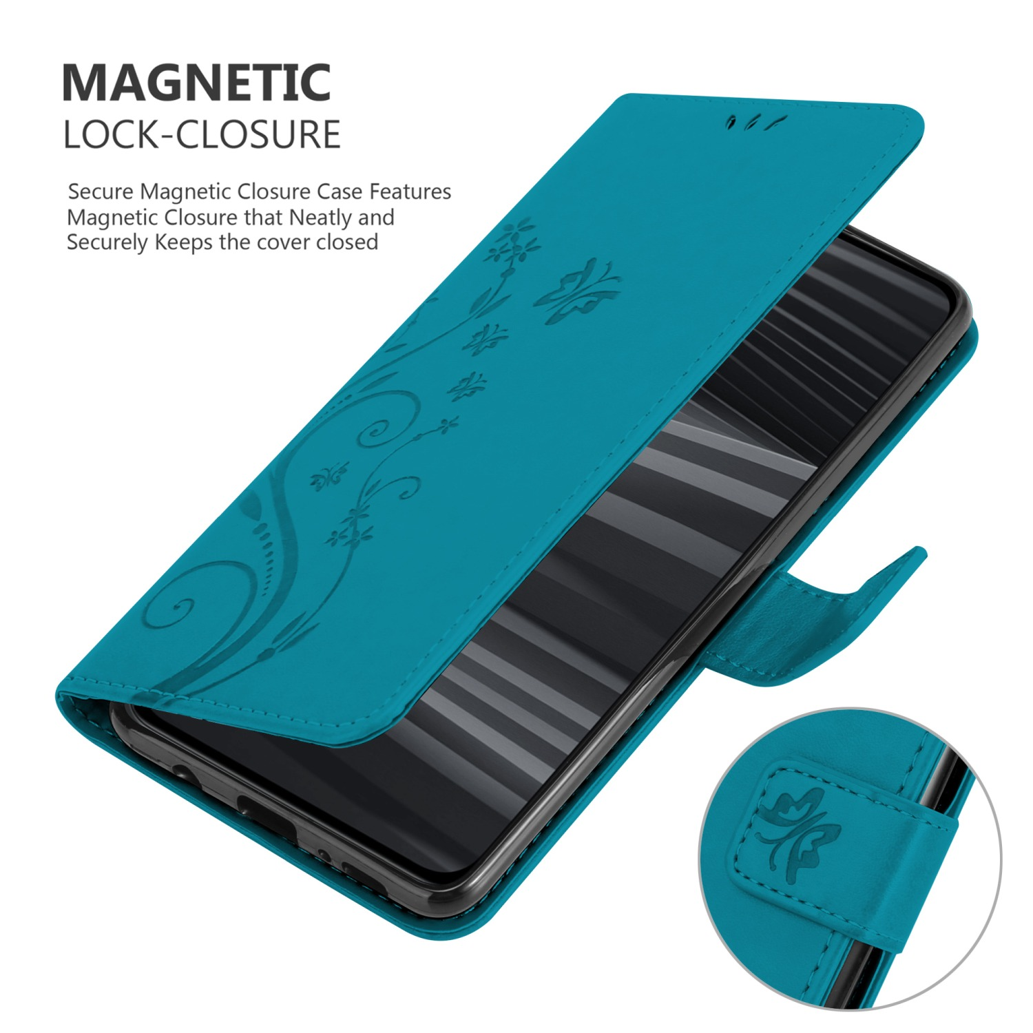 Custodia turchese con design floreale, aperta per mostrare telefono. Testo: 'Magnetic Lock-Closure'. Chiusura magnetica mostrata.