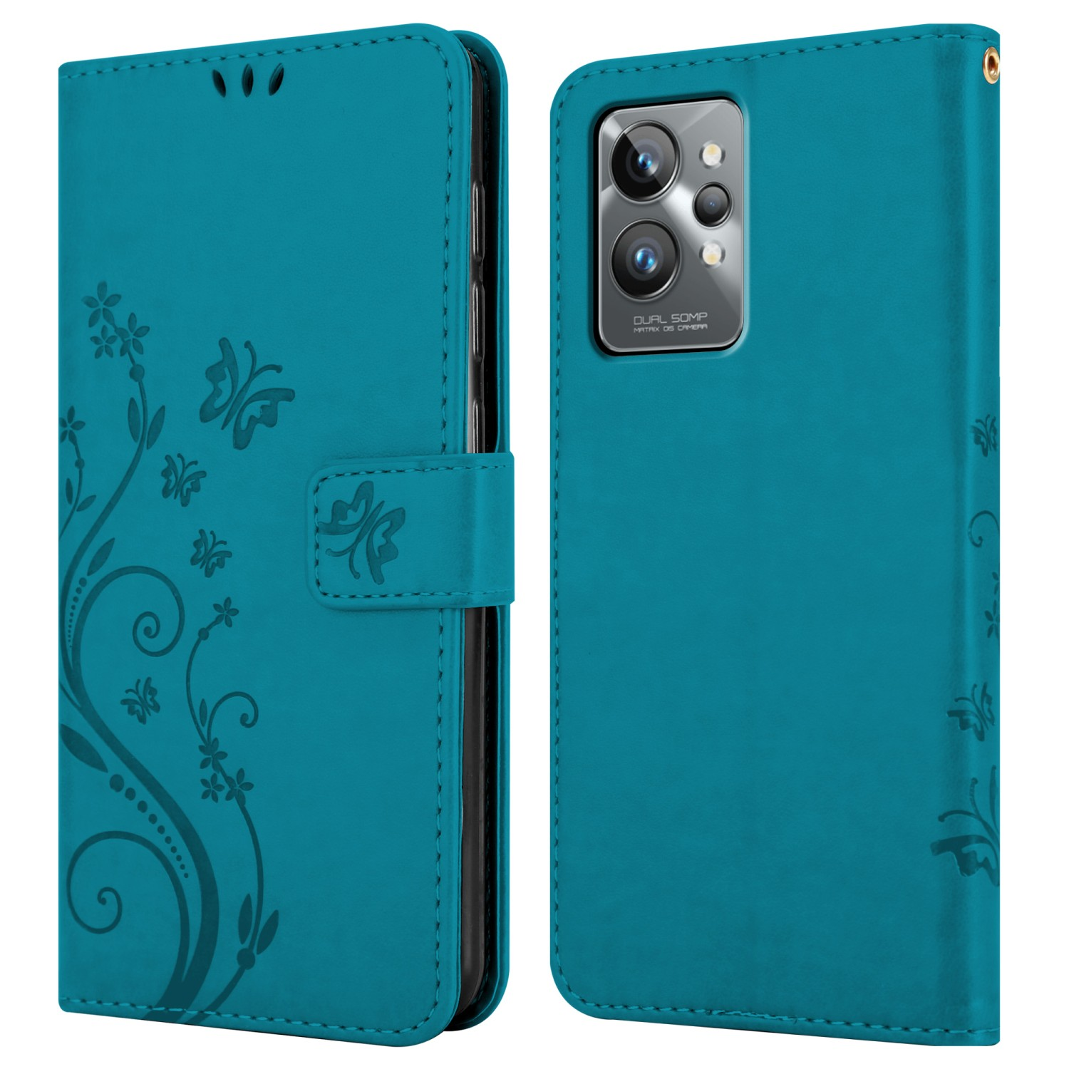 Custodia per telefono verde acqua, aperta e chiusa, con design floreale e telefono.
