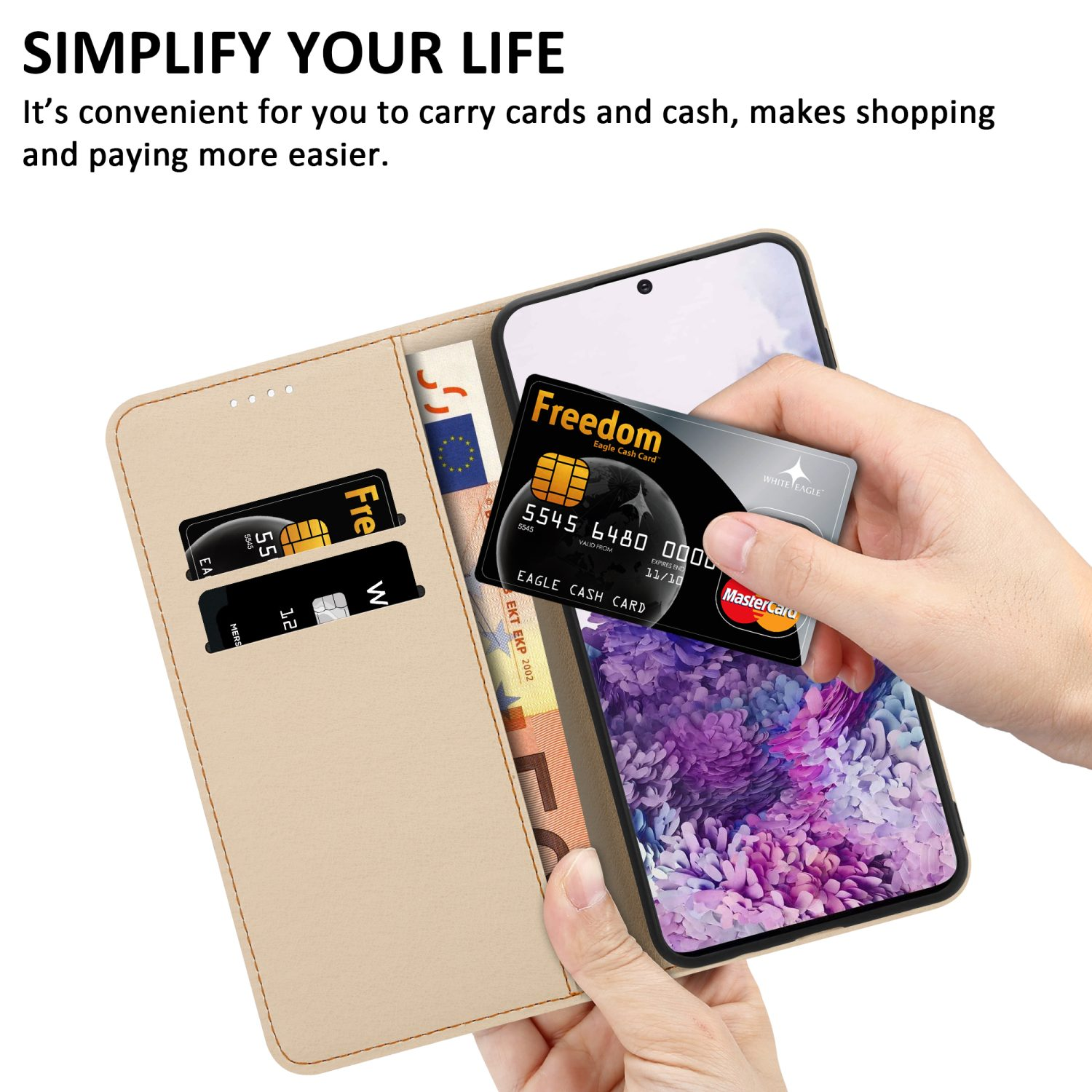 Telefono in una custodia con carta di credito. Testo: Freedom Eagle Cash Card.