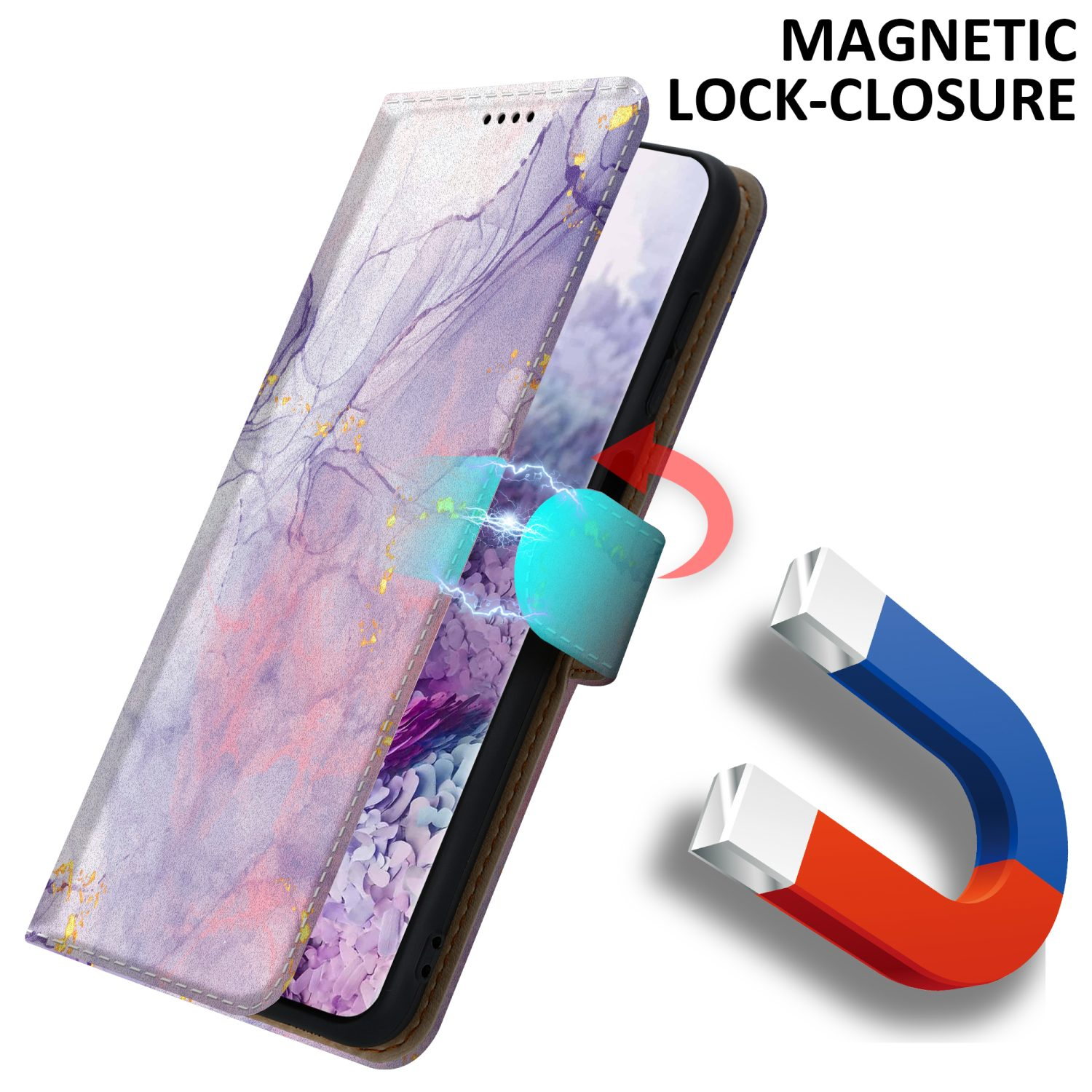 Custodia per telefono aperta, che mostra un telefono, con un magnete e un simbolo del magnete.