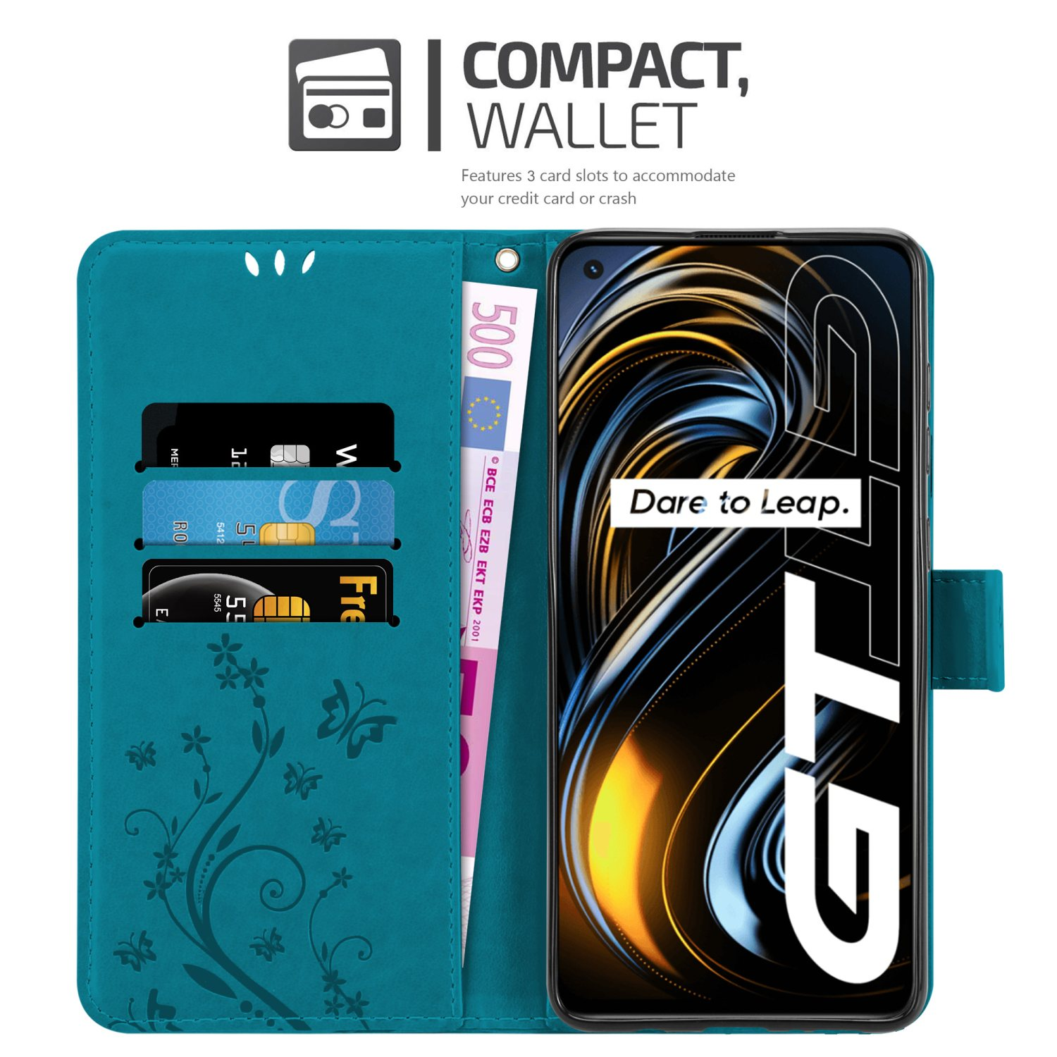 Telefono in una custodia a portafoglio turchese. Carte e denaro visibili. Testo: Portafoglio compatto.