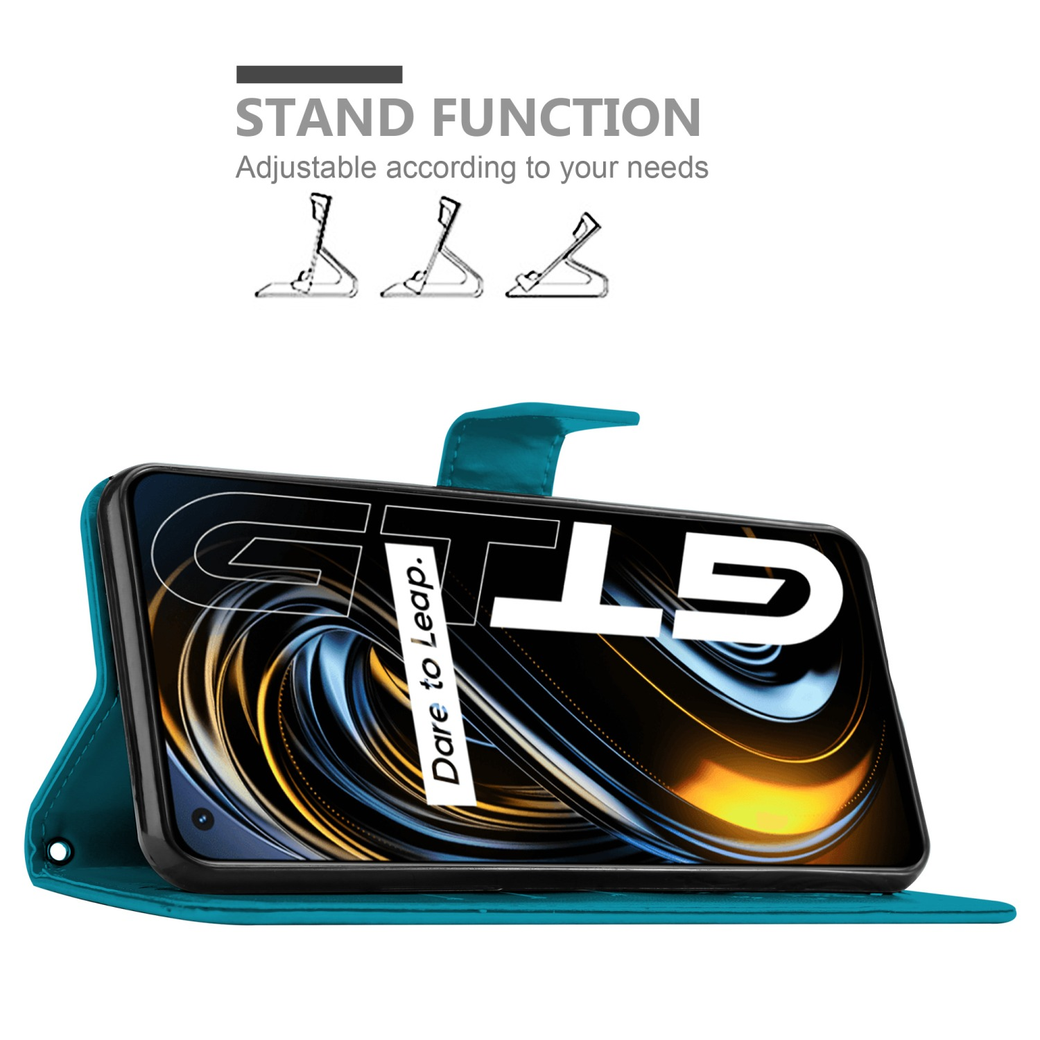 Custodia teal con funzione stand. Il telefono è visualizzato nella custodia. Funzione stand mostrata.