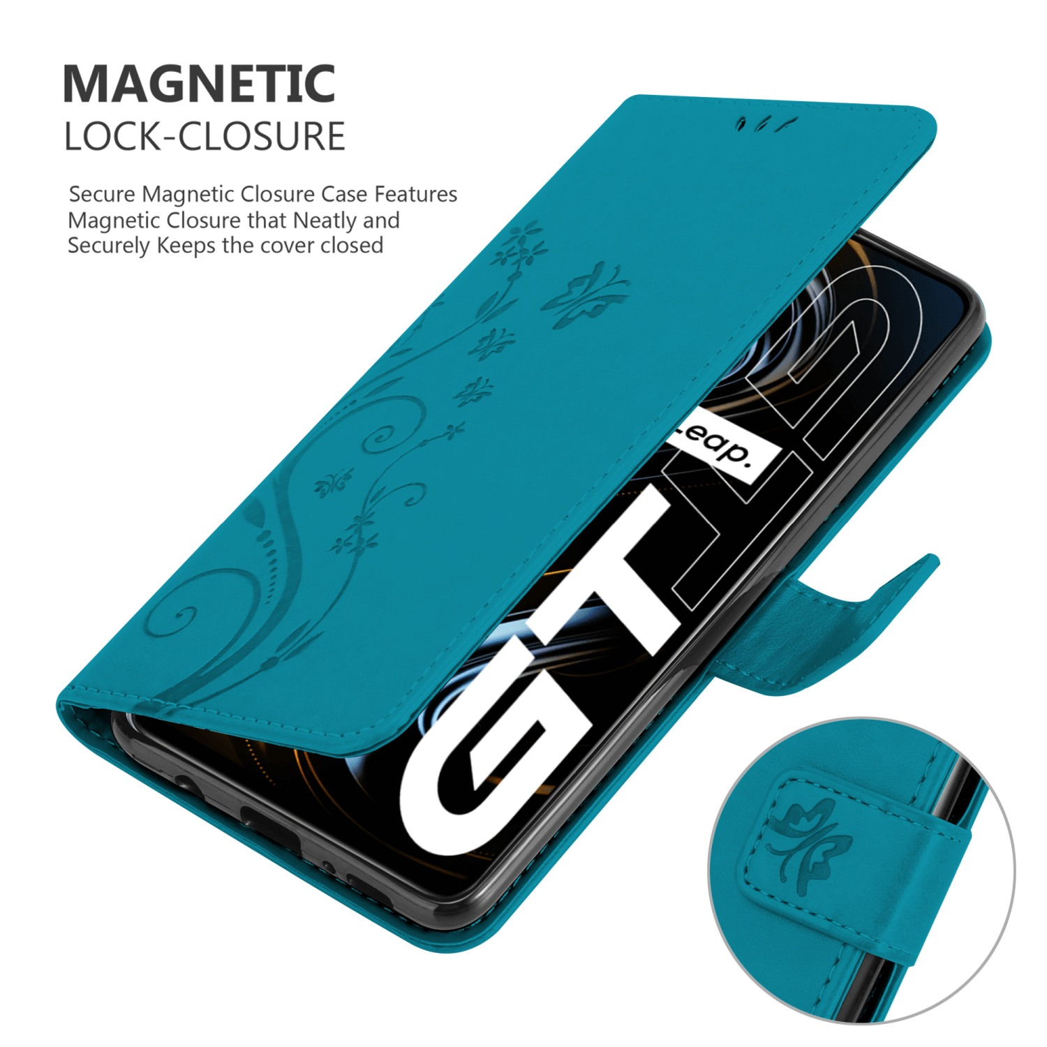 Custodia per telefono verde acqua aperta con un telefono all'interno. La custodia ha un design floreale. Un cartello magnetico è in basso.