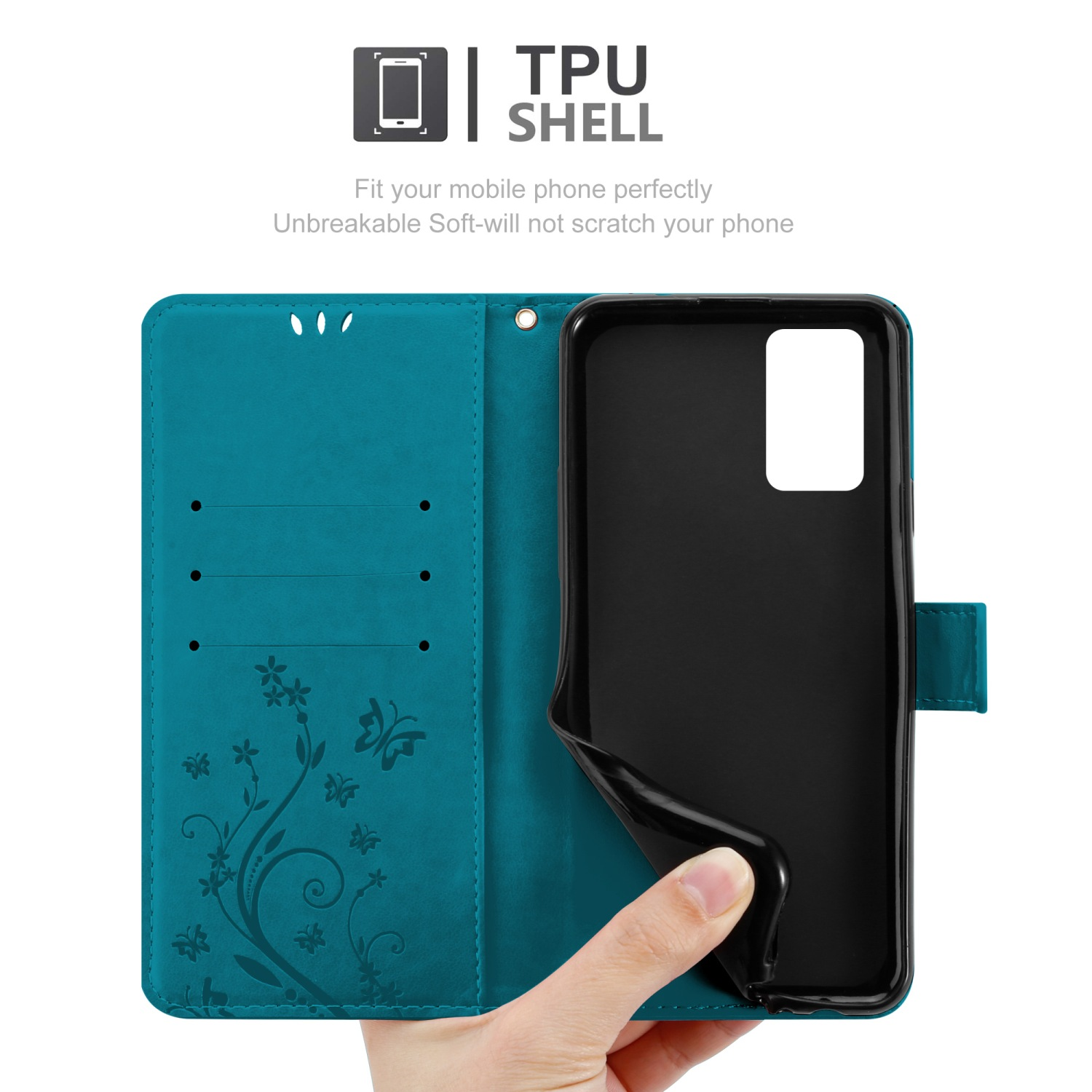 Telefono in una custodia verde acqua, aperto. Testo: Guscio in TPU. Dispone di design floreale e una mano.