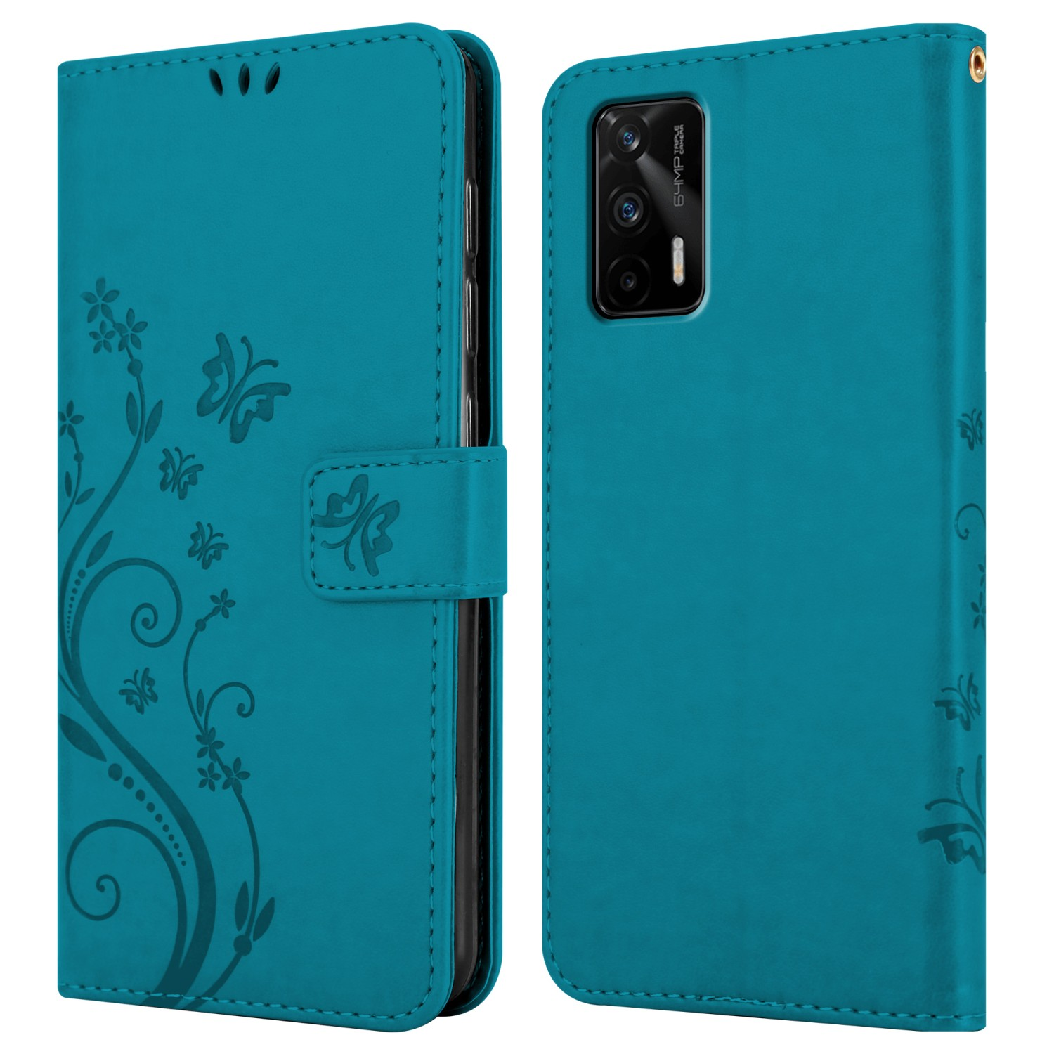 Una custodia per telefono verde acqua è aperta con un telefono all'interno. Ci sono disegni floreali. Lo sfondo è bianco.