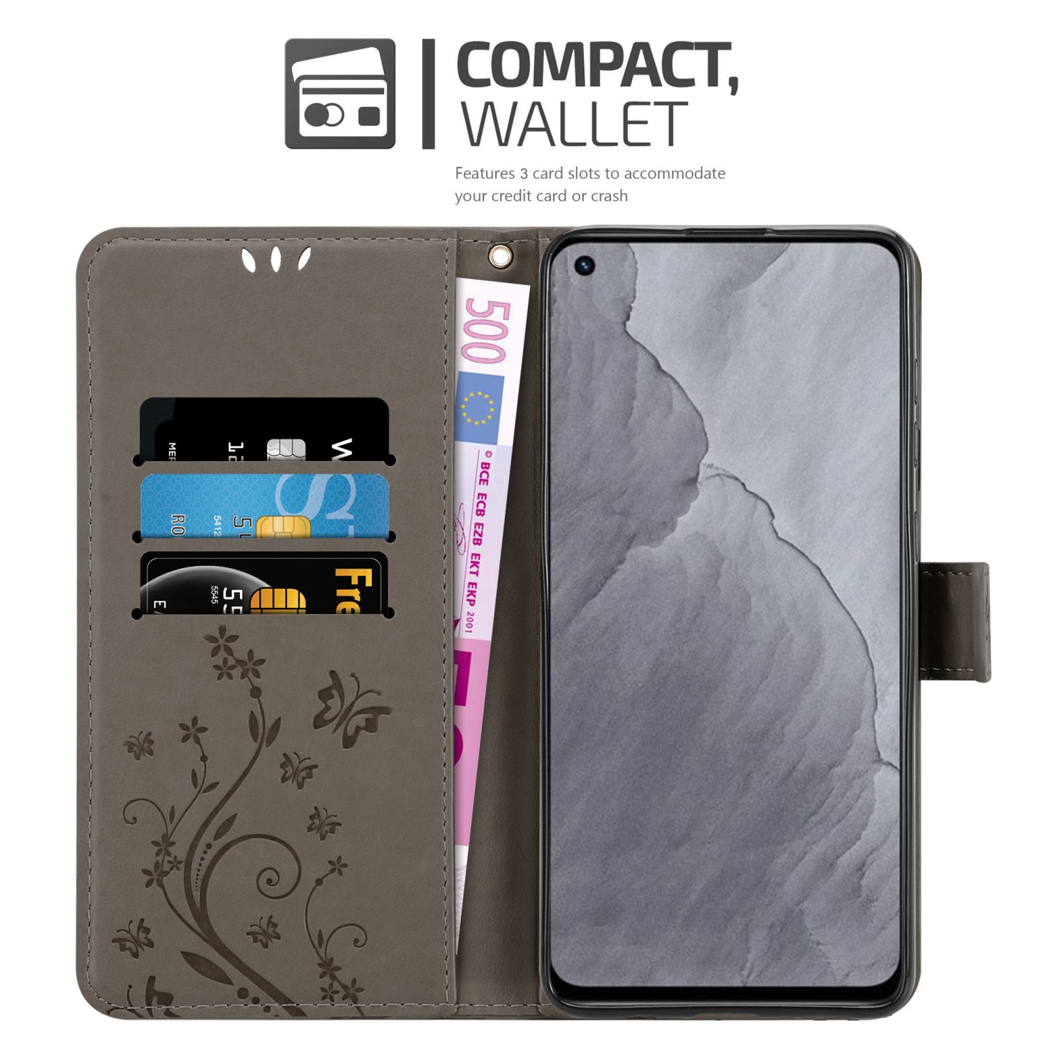 Custodia aperta con carte e denaro. Testo portafoglio compatto. Telefono dentro.