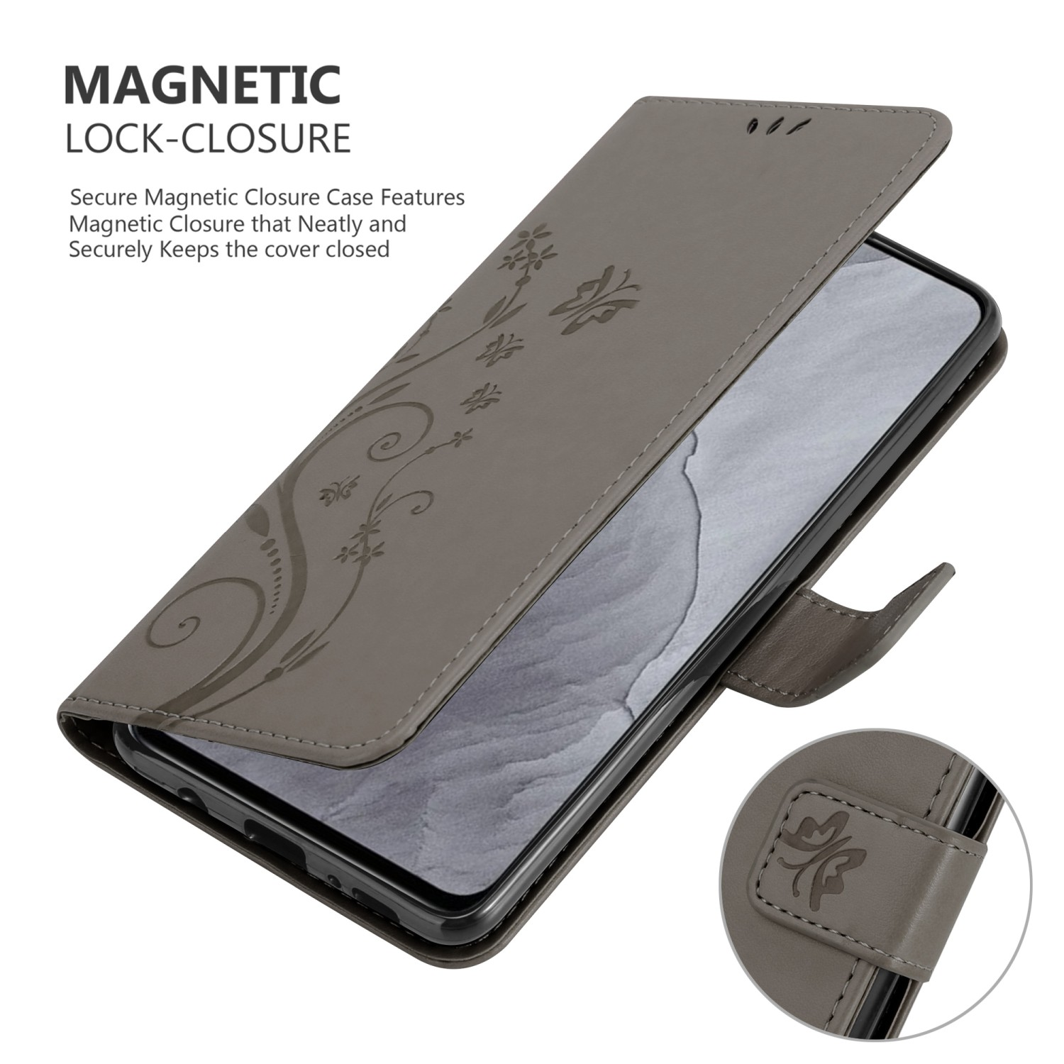 Custodia per telefono grigia aperta, mostra lo schermo. Design floreale sulla cover. Piccolo dettaglio circolare in basso a destra.