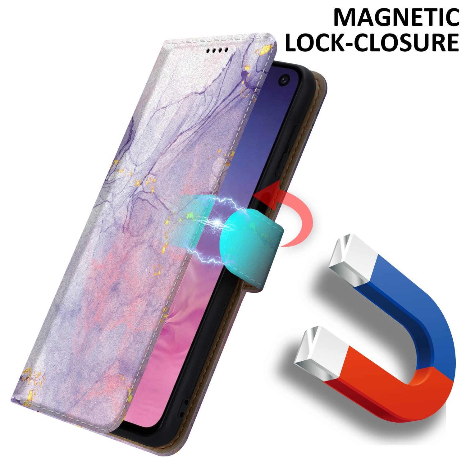 Un telefono è in una custodia con chiusura magnetica. Un magnete attrae la custodia per chiuderla.