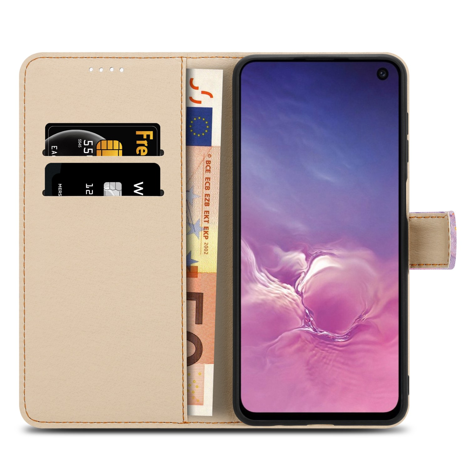 Custodia a portafoglio beige con telefono, carte e denaro. Compatto.