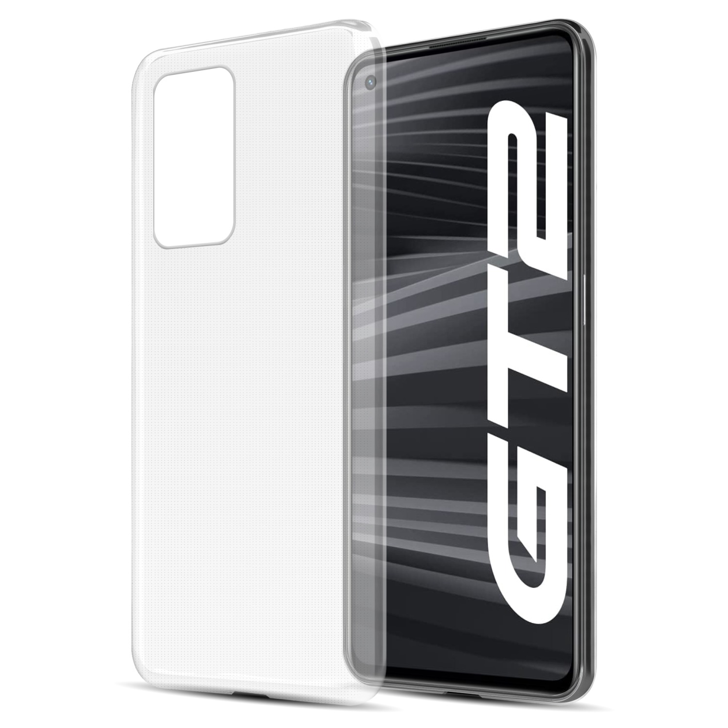 Funda transparente en un teléfono. La pantalla muestra texto GT2. La funda es transparente.