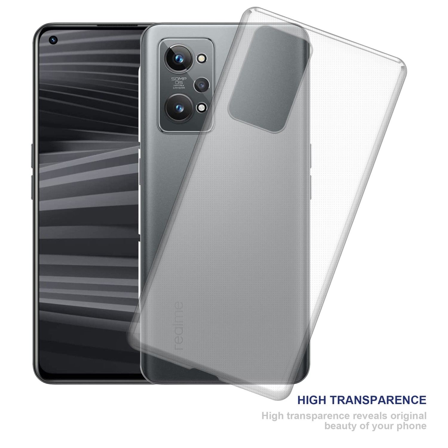 Smartphone con funda protectora, transparente, con la palabra "realme" visible.