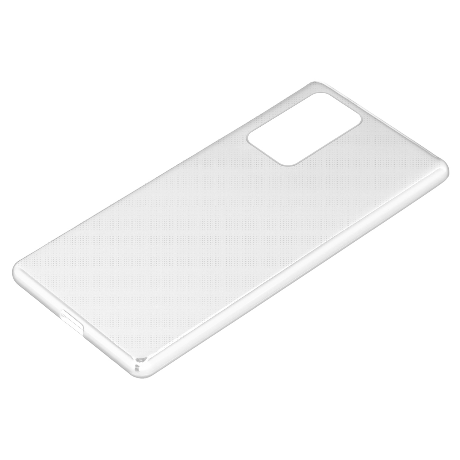 Funda transparente para teléfono. La funda es transparente y tiene un recorte rectangular para la cámara.