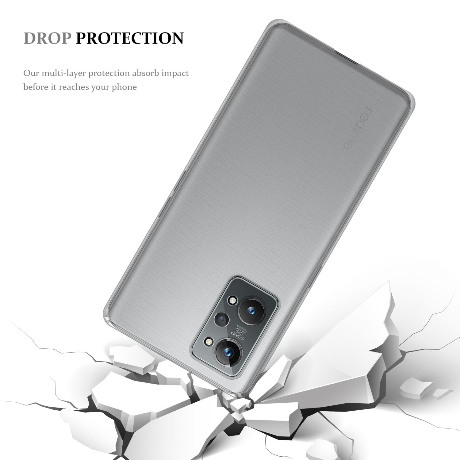 Una funda transparente para teléfono con un teléfono dentro. El teléfono está siendo golpeado por algo.
