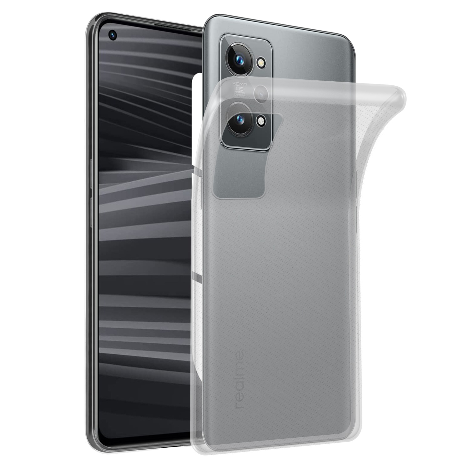 Funda transparente en un teléfono gris, mostrando la parte trasera del teléfono.