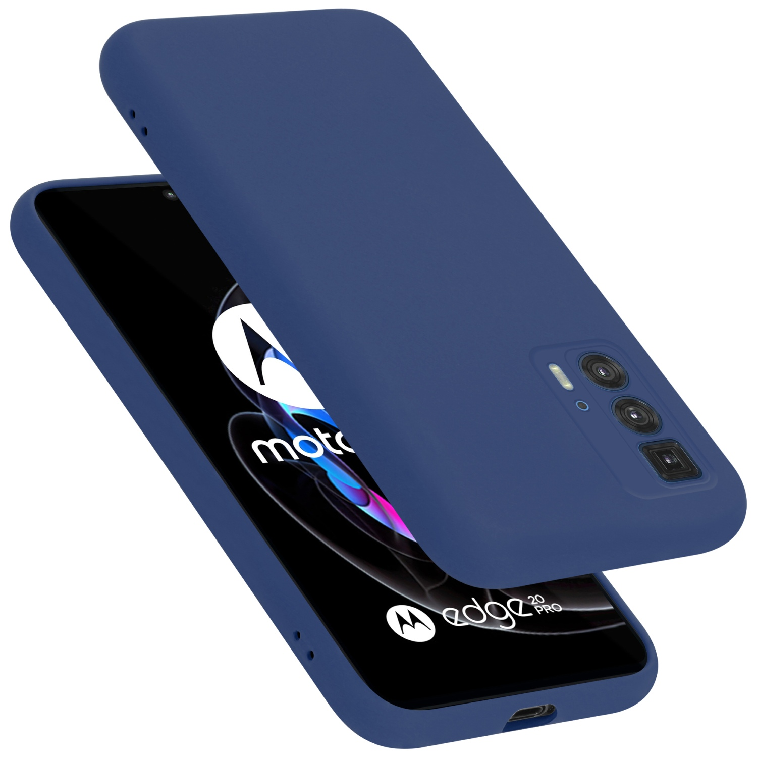 Custodia blu con telefono all'interno. Il retro è sopra. Il telefono ha una fotocamera.