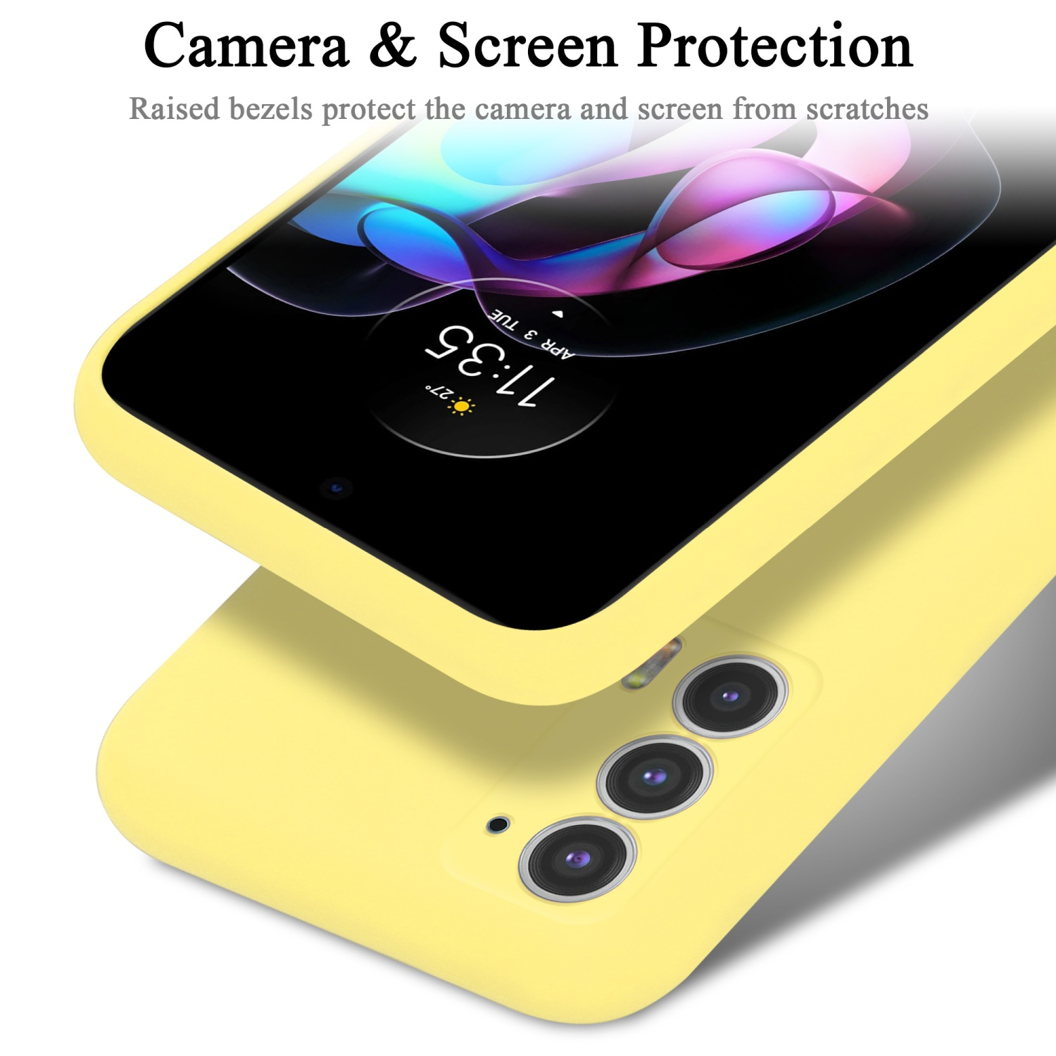 Custodia gialla con telefono. Protezione rialzata per fotocamera e schermo.