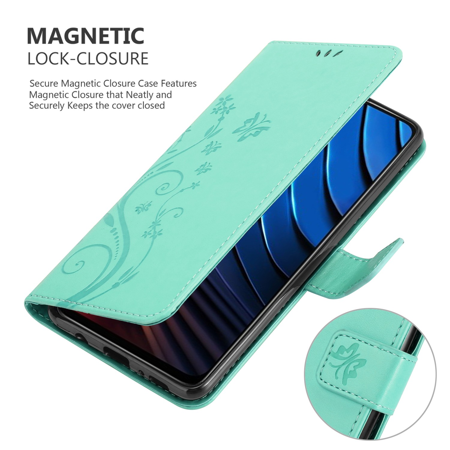 Custodia per telefono verde menta aperta, mostra lo schermo del telefono. Testo chiusura magnetica in alto.