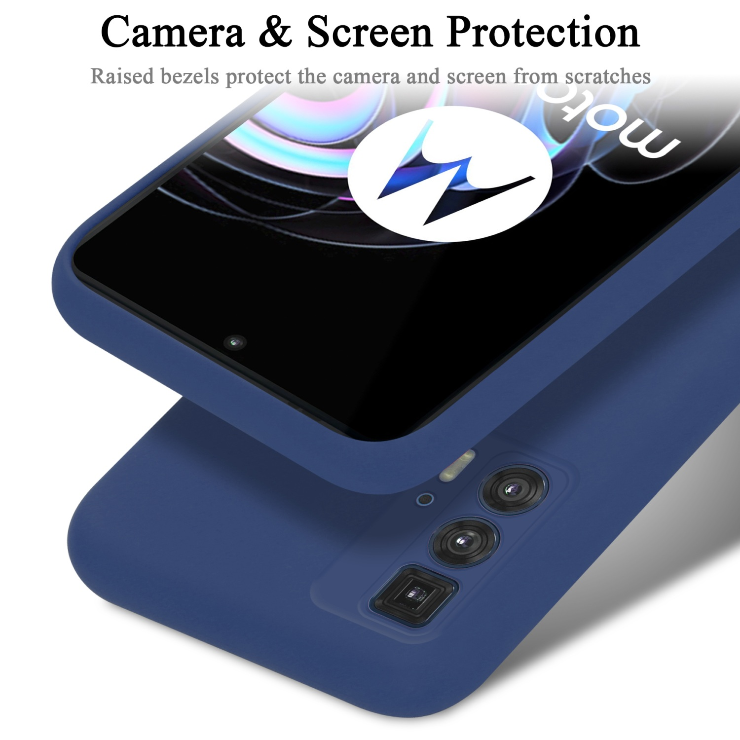Custodia blu per telefono con telefono. Testo: 'Camera & Screen Protection'. Sfondo bianco.