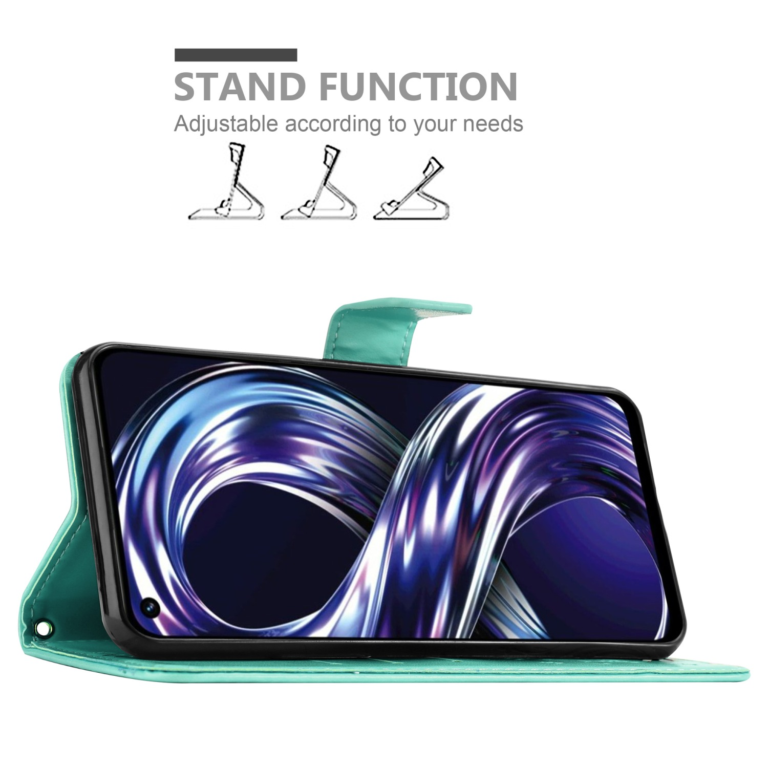 Custodia verde acqua in posizione aperta, con schermo del telefono, con diagramma di supporto.