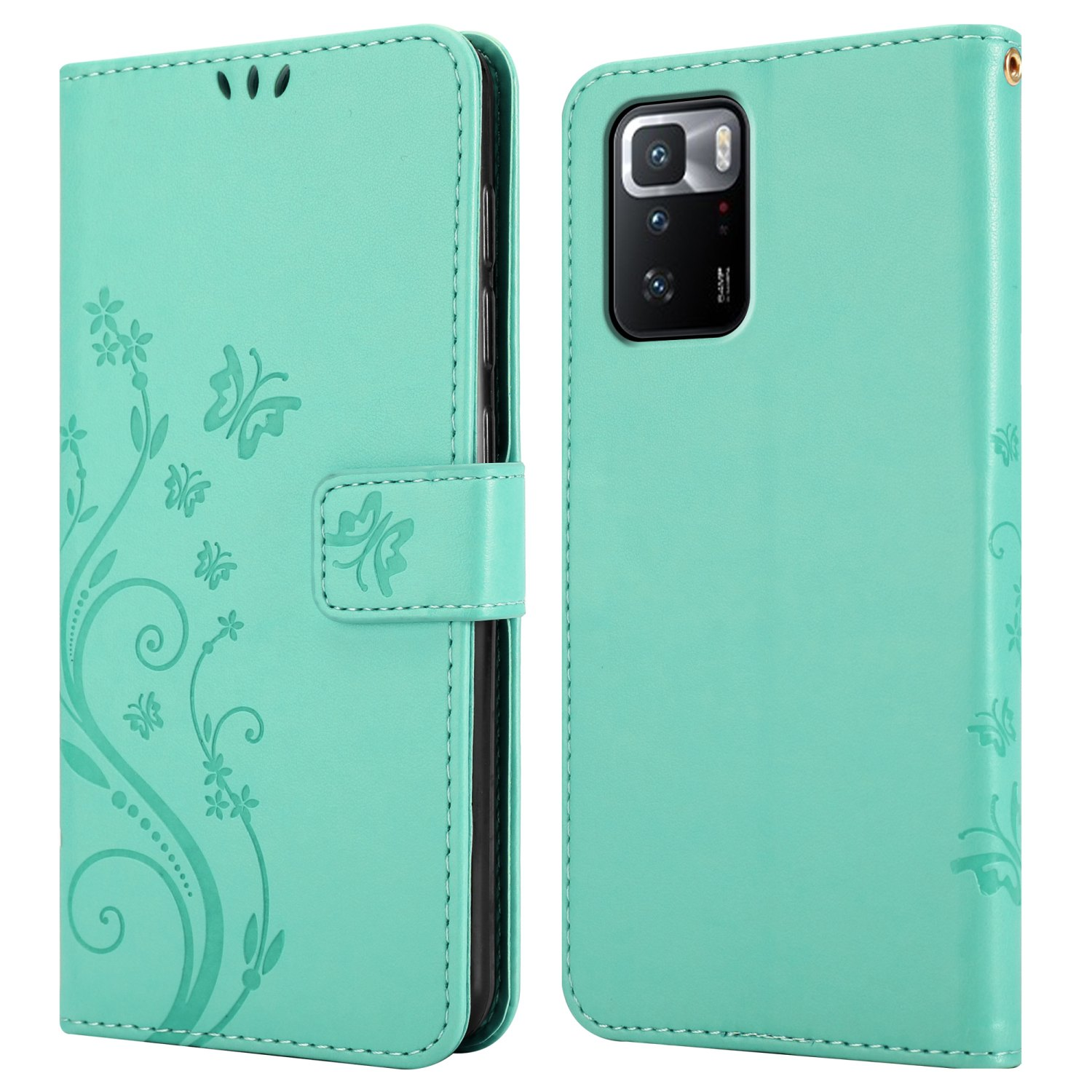 Una custodia verde, aperta, con un design floreale. Il lato destro è verde tinta unita. Il telefono è dentro.