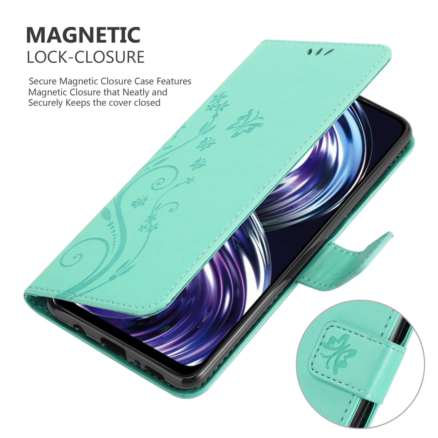 Custodia per telefono verde acqua, aperta, con motivo floreale. Testo: Chiusura magnetica.