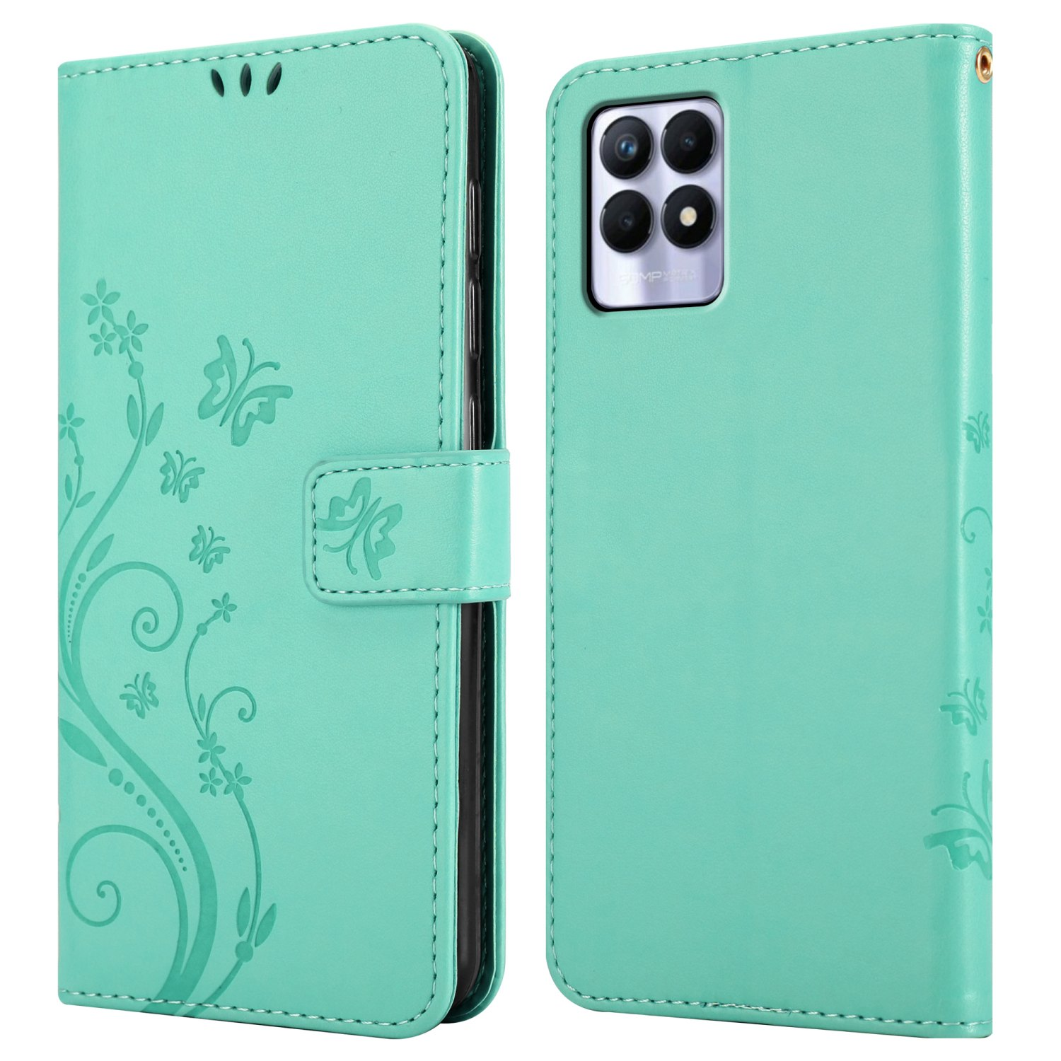 Viene mostrata una custodia per telefono color verde acqua. La custodia ha un design floreale e un fermaglio magnetico.