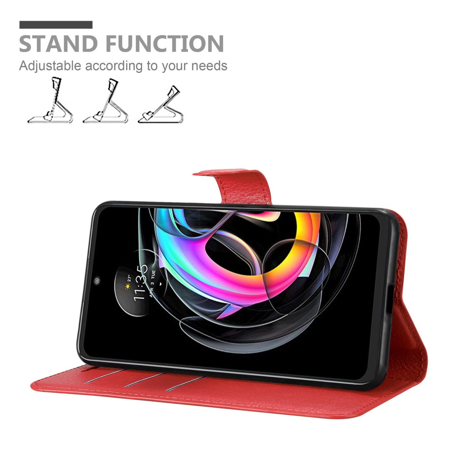 Custodia rossa con telefono nel supporto. Icone funzione supporto. Schermo mostra design colorato.