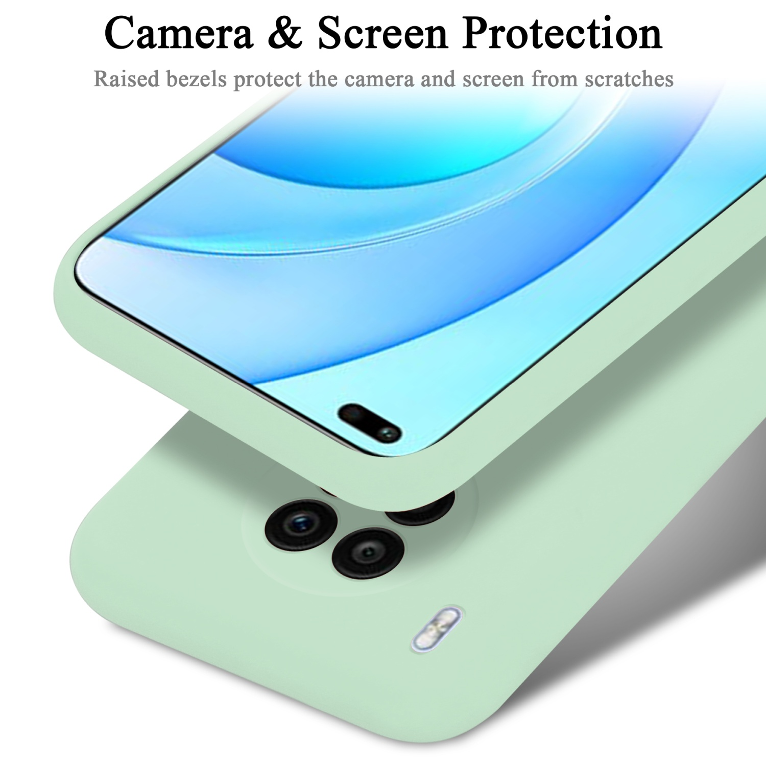Minzgrüne Handyhülle mit Bildschirm, Kamera sichtbar. Text: 'Camera & Screen Protection'.