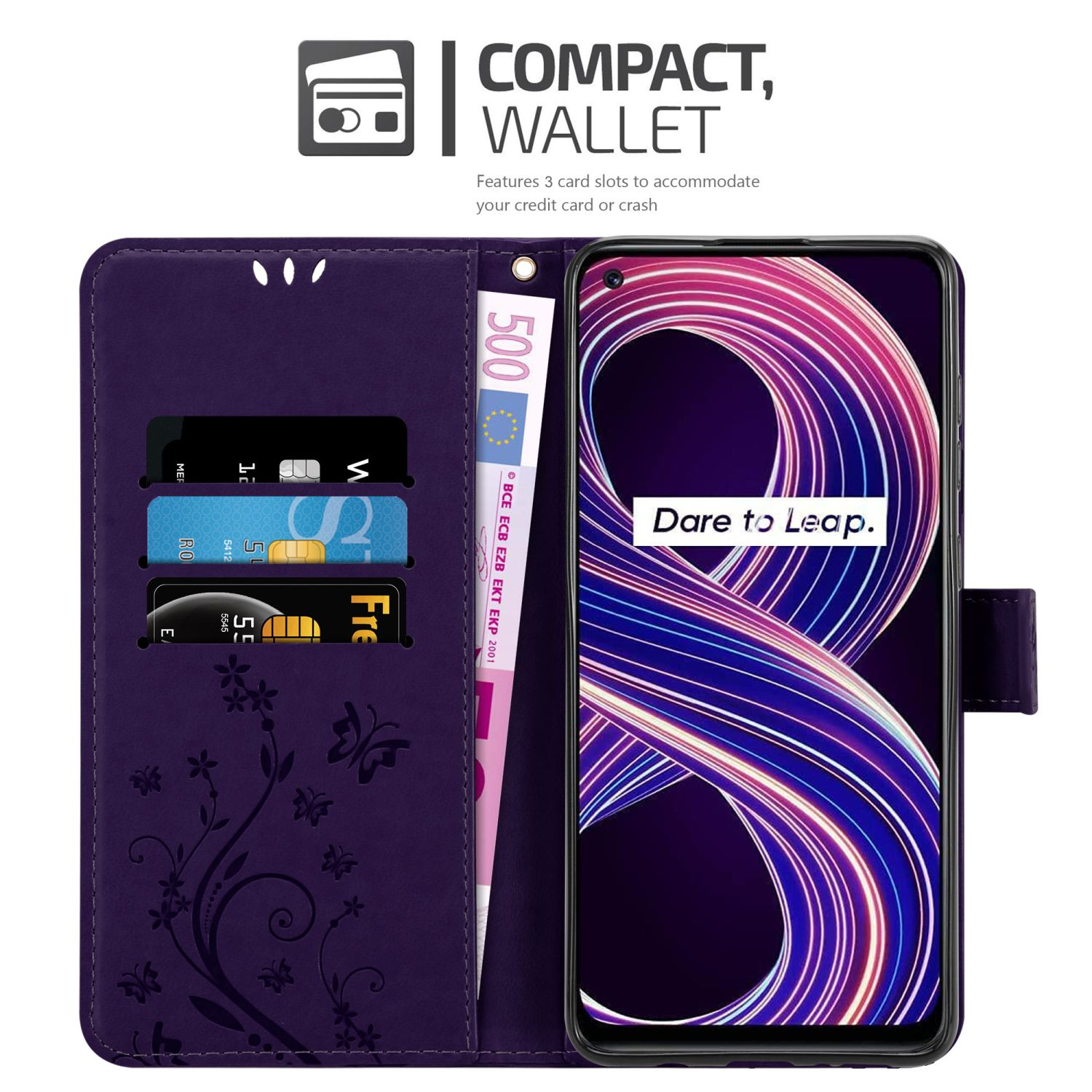 Custodia a portafoglio viola con scomparti per carte e una banconota. Il telefono mostra un'immagine colorata.