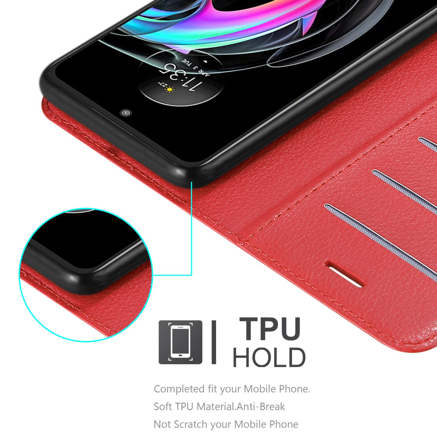 Custodia rossa, aperta, con telefono all'interno. Viene visualizzato il testo TPU hold. Sfondo bianco.
