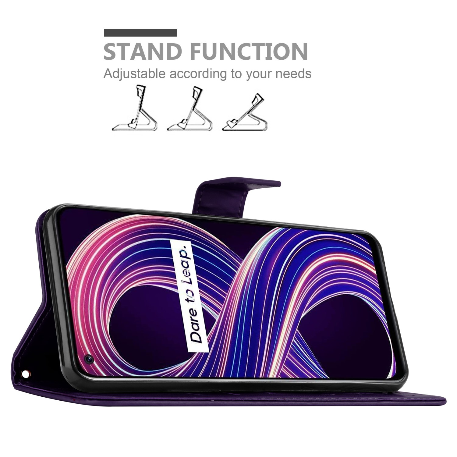 Custodia viola con schermo che mostra un design colorato, aperta a supporto. Testo: Funzione supporto. Regolabile.
