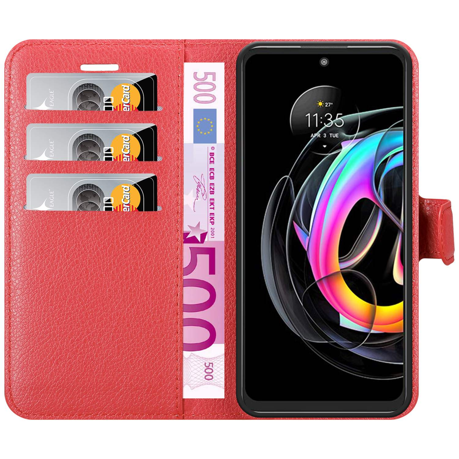 Custodia rossa per telefono con telefono, carte e banconota da 500 euro.